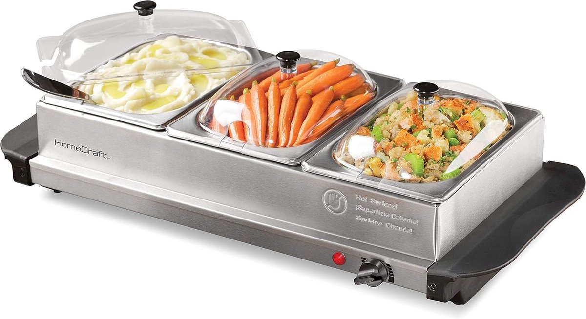 Buffet Server Warmhoudbak Feestelijk Eten Drie Separate Bakken 1.5 Liter RVS