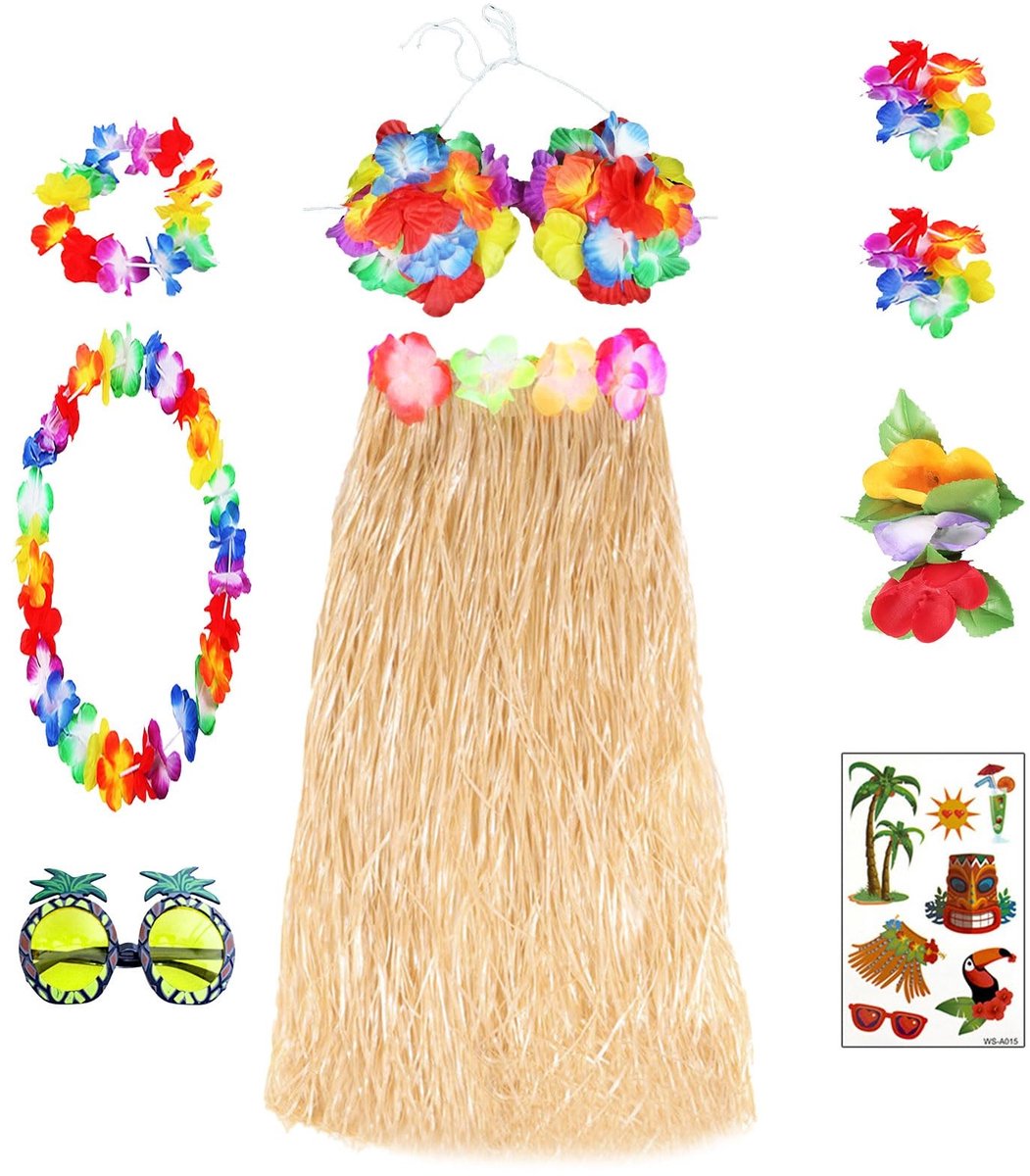 Dailygoods- Hula Rok Set - Veelkleurig - 9 Stuks - Bloemenarmbanden/Bloemenhoofdband - Bloem Bikini Top - Ananas Zonnebril - Polyester Materiaal - Tropenoutfit