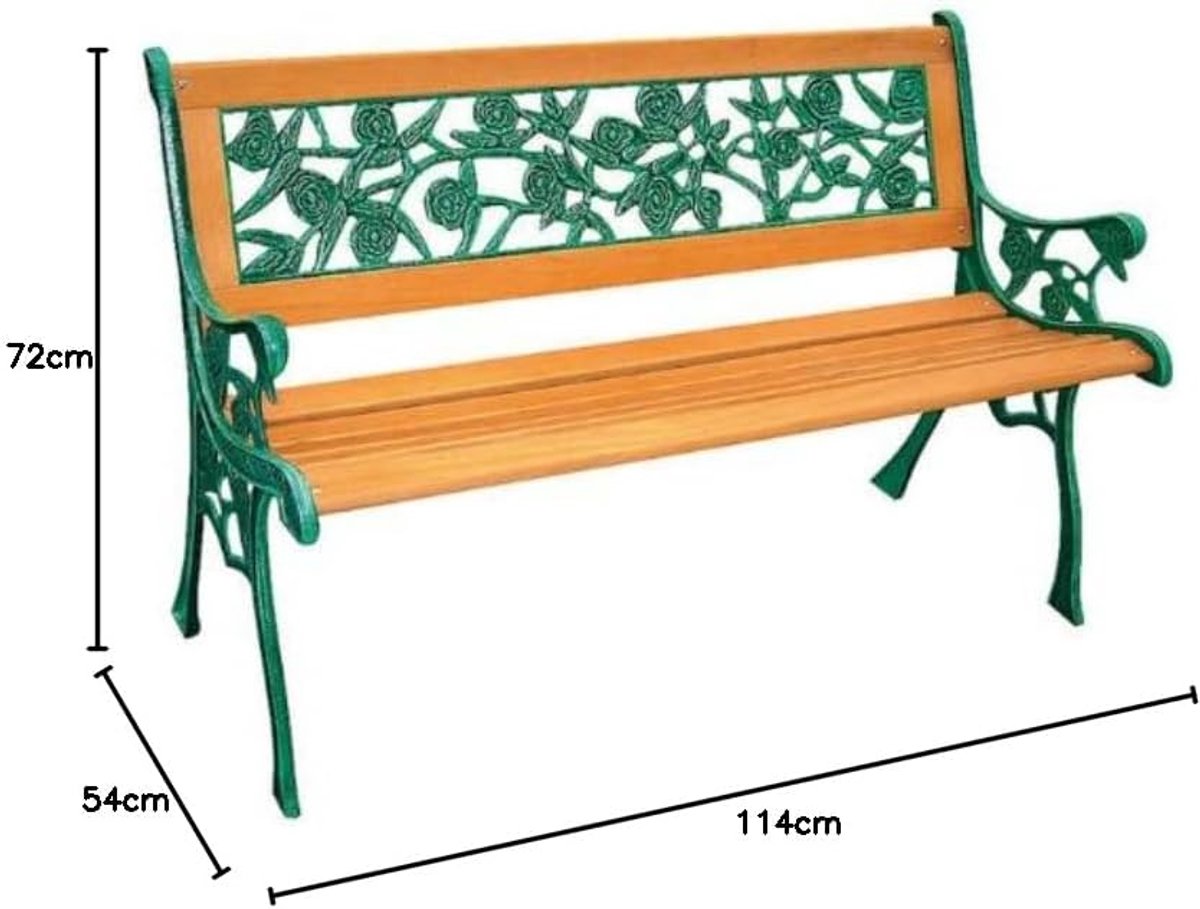Tuinbank met Rozen - Houten Bank - Buiten Zitten - Gietijzeren Decoratie - 114 x 54 x 72 cm - Roze