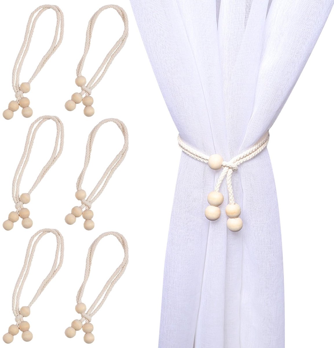 Dailygoods - 6 stuks Minimalistische Gordijnhouders met Houten Kralen - Beige Katoenen Touw