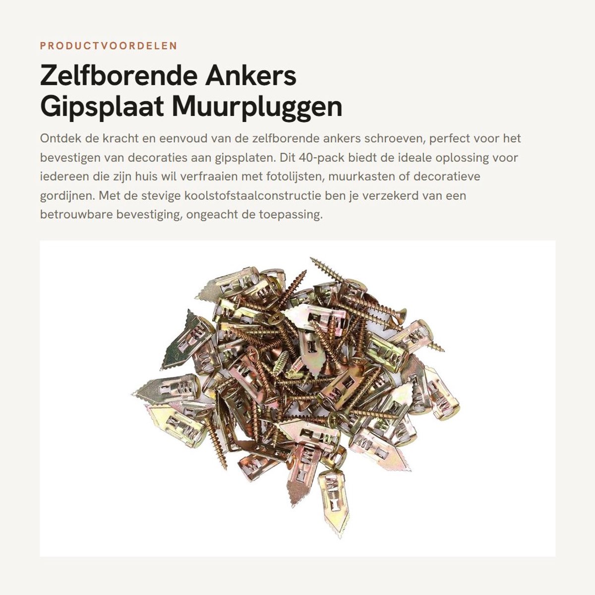 Dailygoods- Zelfborende Ankers - 40 Pack Koolstofstaal - Gipsplaat Muurpluggen - Schroeven voor Decoratie - Hoogwaardige Houdkracht - Eenvoudig in Gebruik