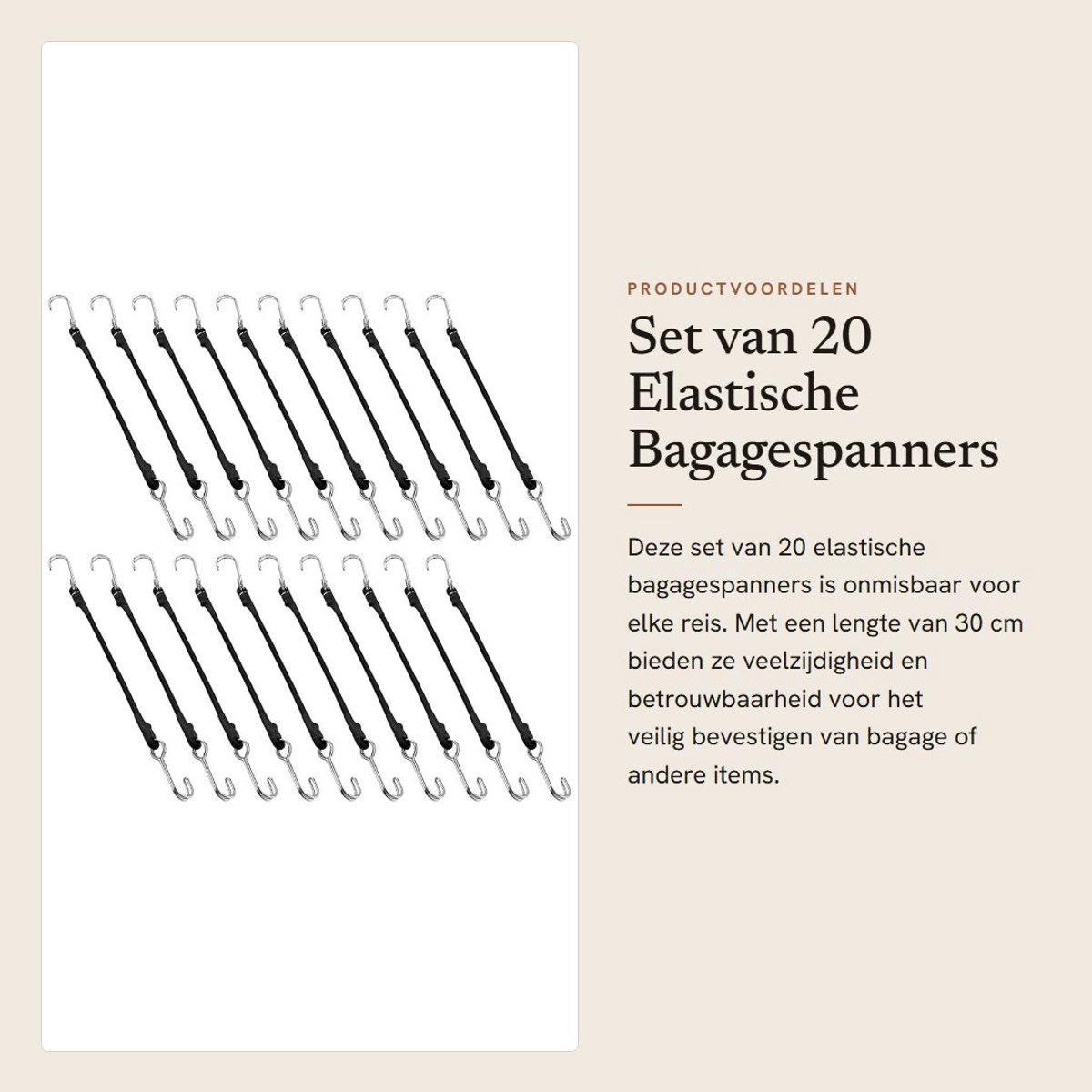 Dailygoods- Bagagespanners 20 stuks - Elastische spanrubbers 30 cm - Zwarte uitvoering - Robuuste haken - Weerbestendig - Optimale rekbaarheid - Spanbanden