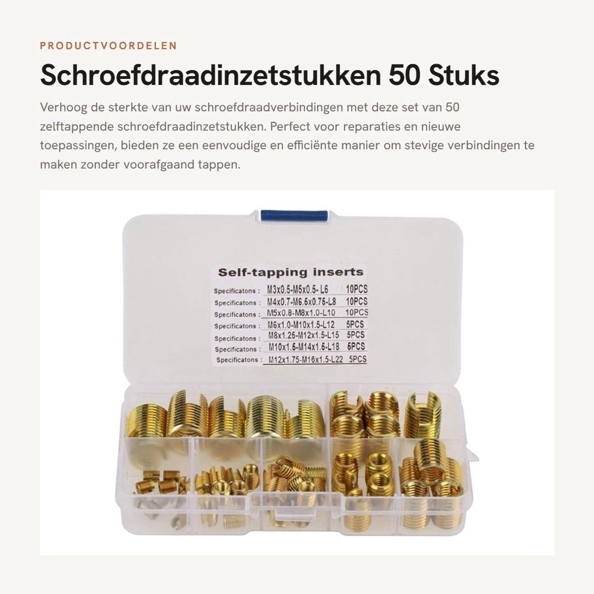 Dailygoods- Schroefdraadinzetstukken 50 Stuks - Zelftappende Invoegingen - Messing/Ronde Reparatie - Schroefdraadbevestigingsmiddelen - Sterke Trekweerstand - Weerstand tegen Trillingen - Draadinzetstuk