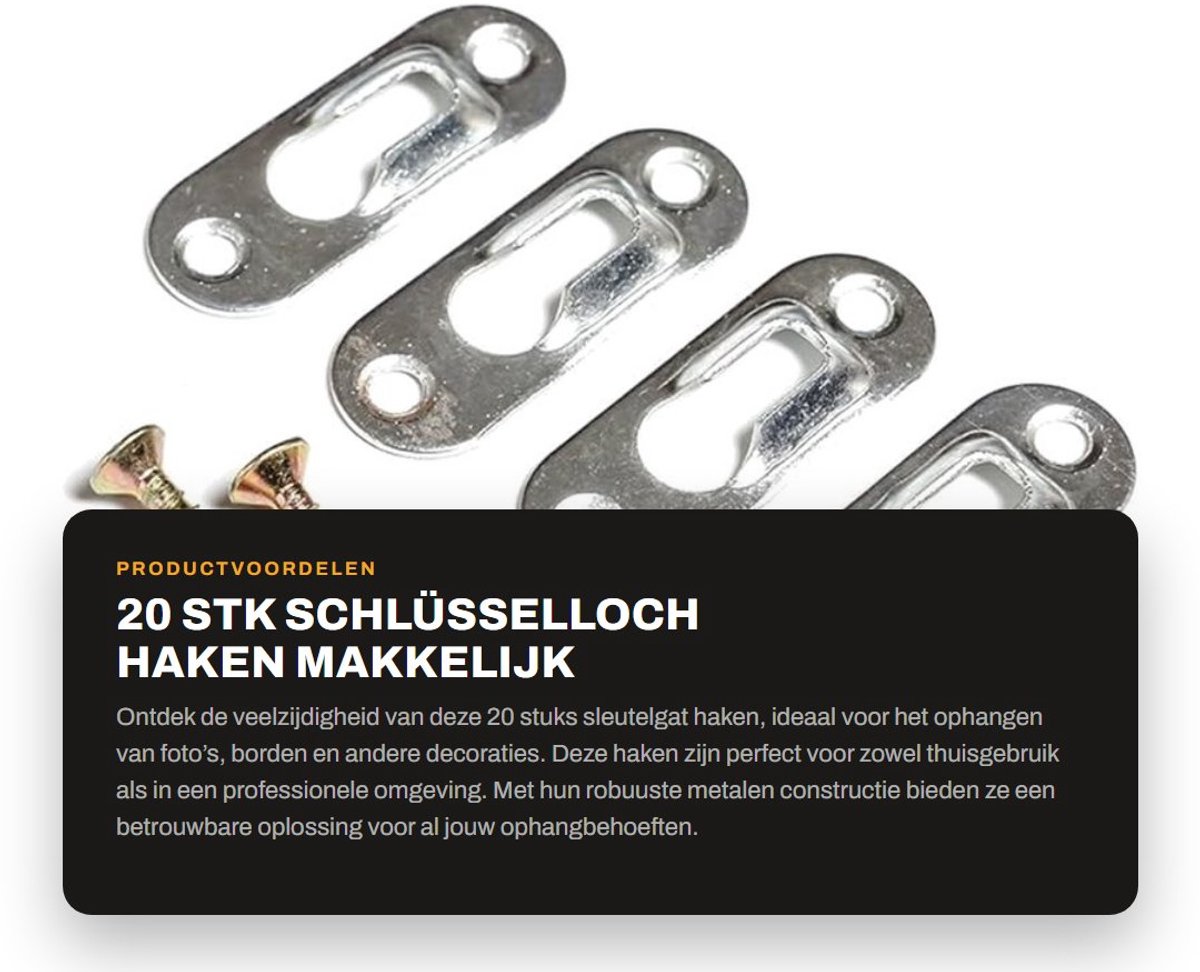 Dailygoods- Fotolijst - 20 Stk Haakjes - 40 Stk Schroeven - Sleutelgatplaten - Geschikt voor Wandmontage - Afmetingen 16x43 mm - Wandhaak