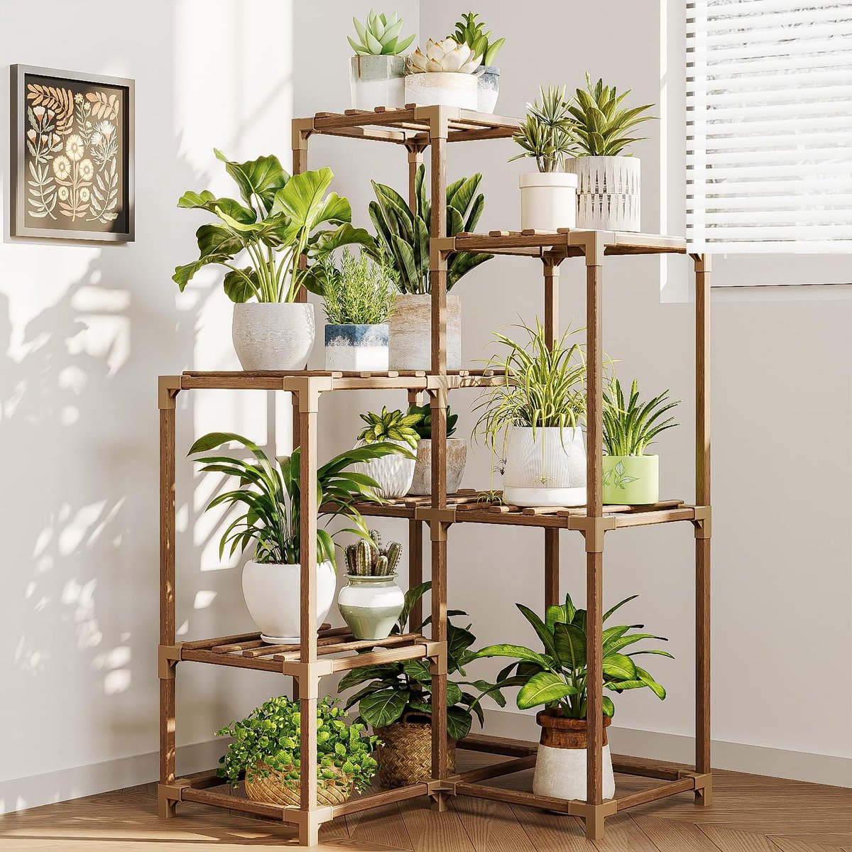 Dailygoods- Plantenhouder 4-Tier - Plantenrek Binnen/Buiten - Multifunctioneel Ladderplankontwerp - Eucalyptushout - Ruimtebesparend - Modern Design