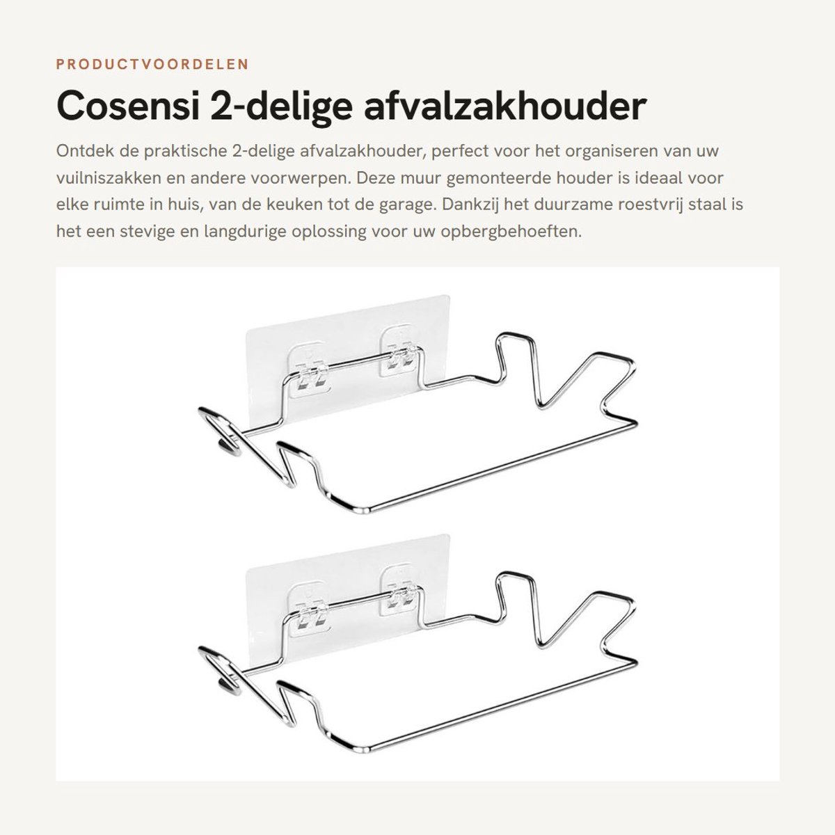 Dailygoods- Afvalzakhouder 2-delig - Muurbeugel - Roestvrij Staal - Slijtvast - Inclusief Muurstickers - Afmetingen 14 x 18,5 x 4 cm - Vuilniszakhouder
