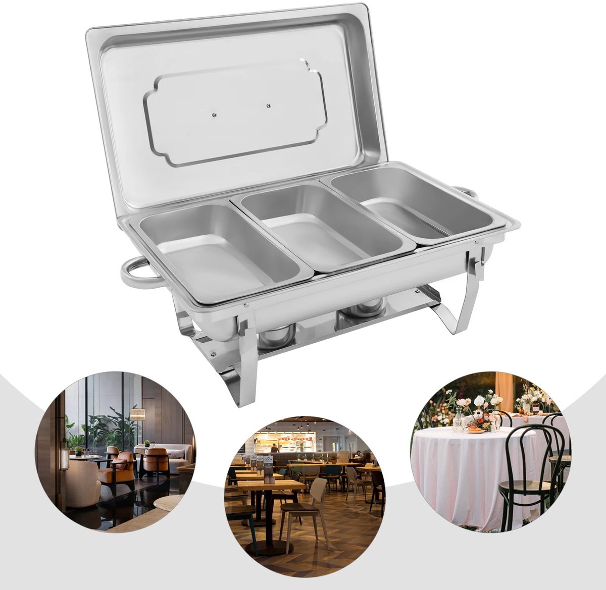 Dailygoods 3-delige chafing dish, opvouwbaar, 410 roestvrij staal, buffetwarmer, anti-roest, zilver, restaurant catering