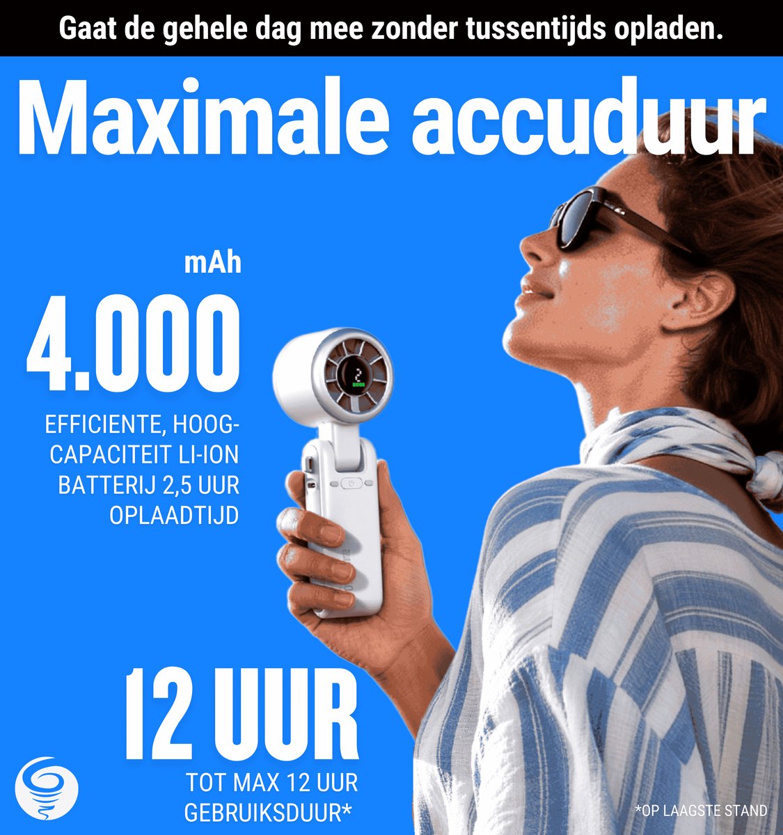 High-Speed Handventilator | CYCLONE Verkoelende Airflow | USB-C oplaadbaar | Intro 2026 | Krachtige 4.000 mAh lithium-ion oplaadbare batterij — afbeelding 5