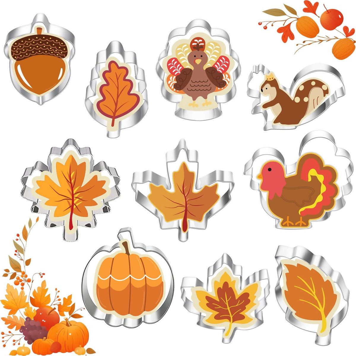 Dailygoods- Uitsteekvormpjes set van 10 - Roestvrij Staal - Koekjes/Fondant - Herfst/Thanksgiving - Doe-het-zelf - Machinewasbaar - Koekjessnijders