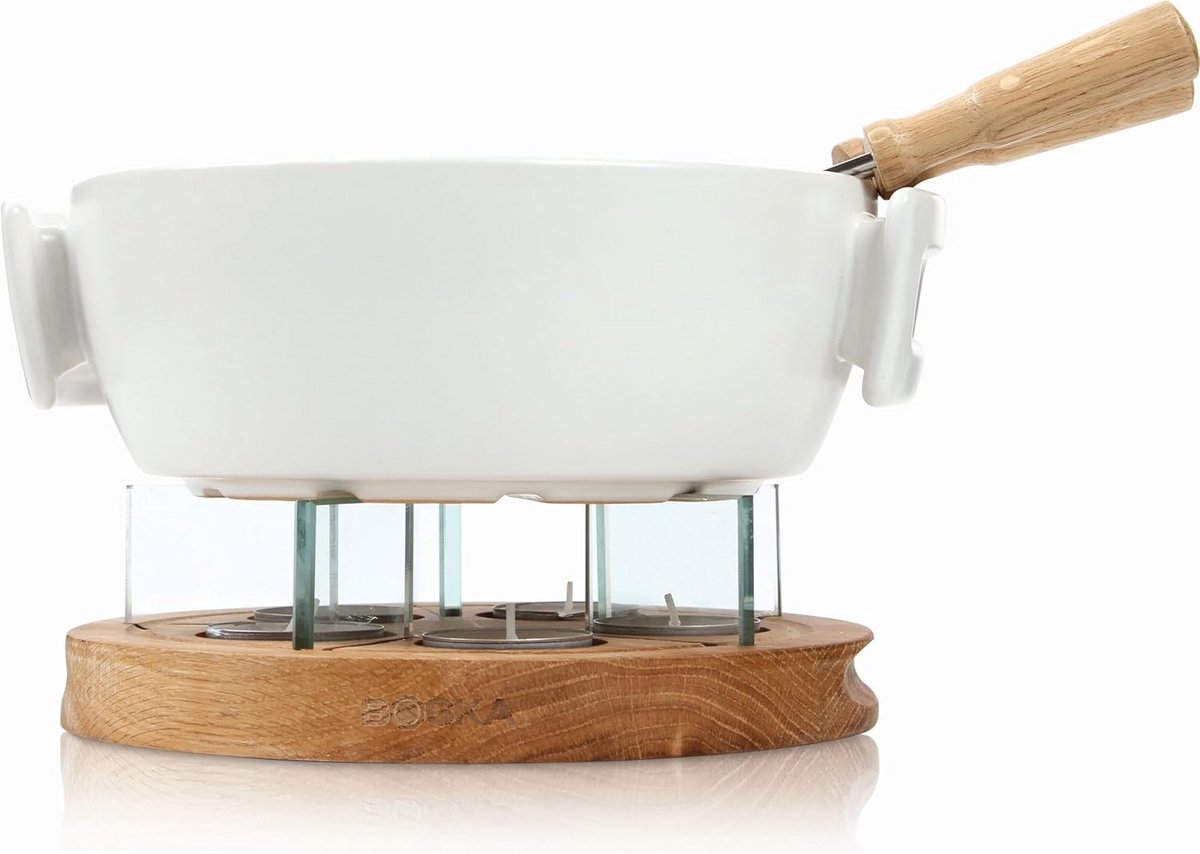 Kaasfondue set - Smeltpan met brander - Gezellig tafelen - Glas en eiken onderstel - 1.8 liter inhoud - Zwart – foto 4
