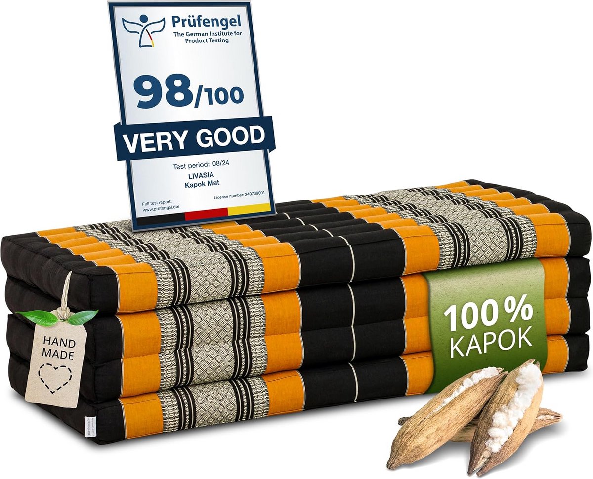 Klapmatras Kapok - Gastenmatras Plooibaar - Ontspannen Buiten - Natuurlijk Gevuld Materiaal - 200x110x8cm - Zwart Oranje