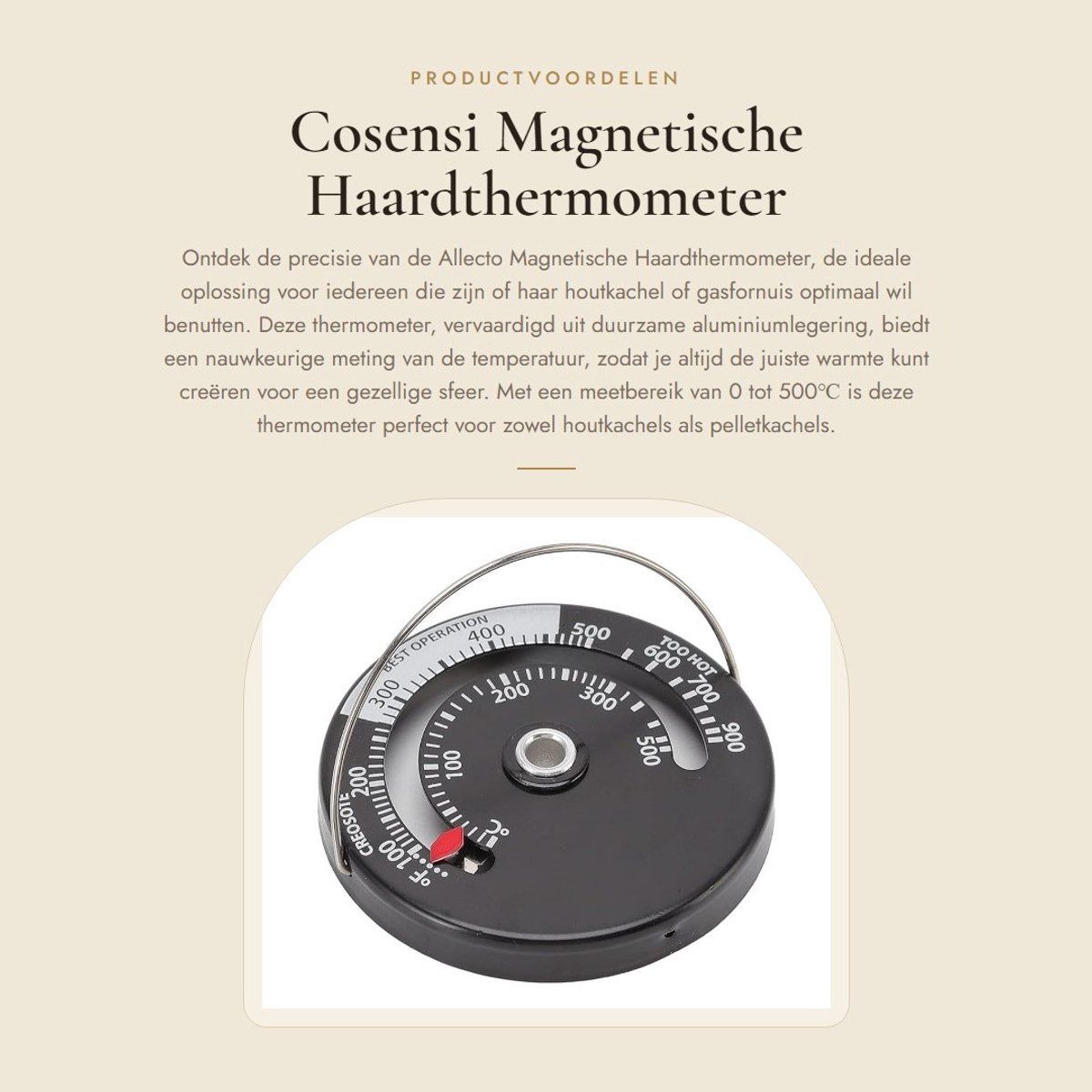 Dailygoods- Haardthermometer Magnetisch - Fornuisthermometer - Kachelthermometer - Oventemperatuurmeter - Aluminiumlegering - Schaalbereik 0-500℃