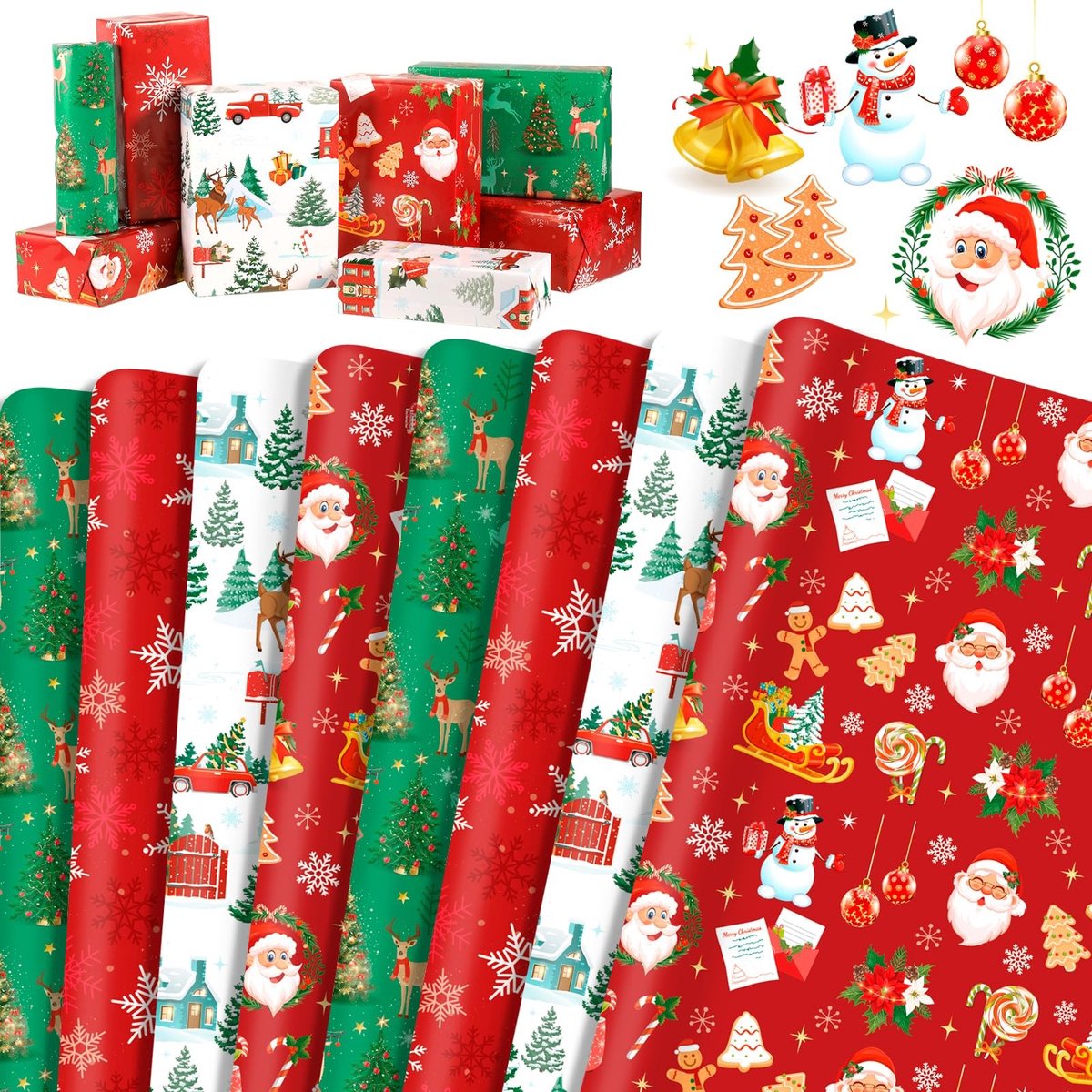Dailygoods- Kerstcadeaupapier met kerstboom/rendier/sneeuwvlokken - Inpakpapier voor verjaardag/festival - Cadeaudecoratie - Doe-het-zelf knutselcadeau
