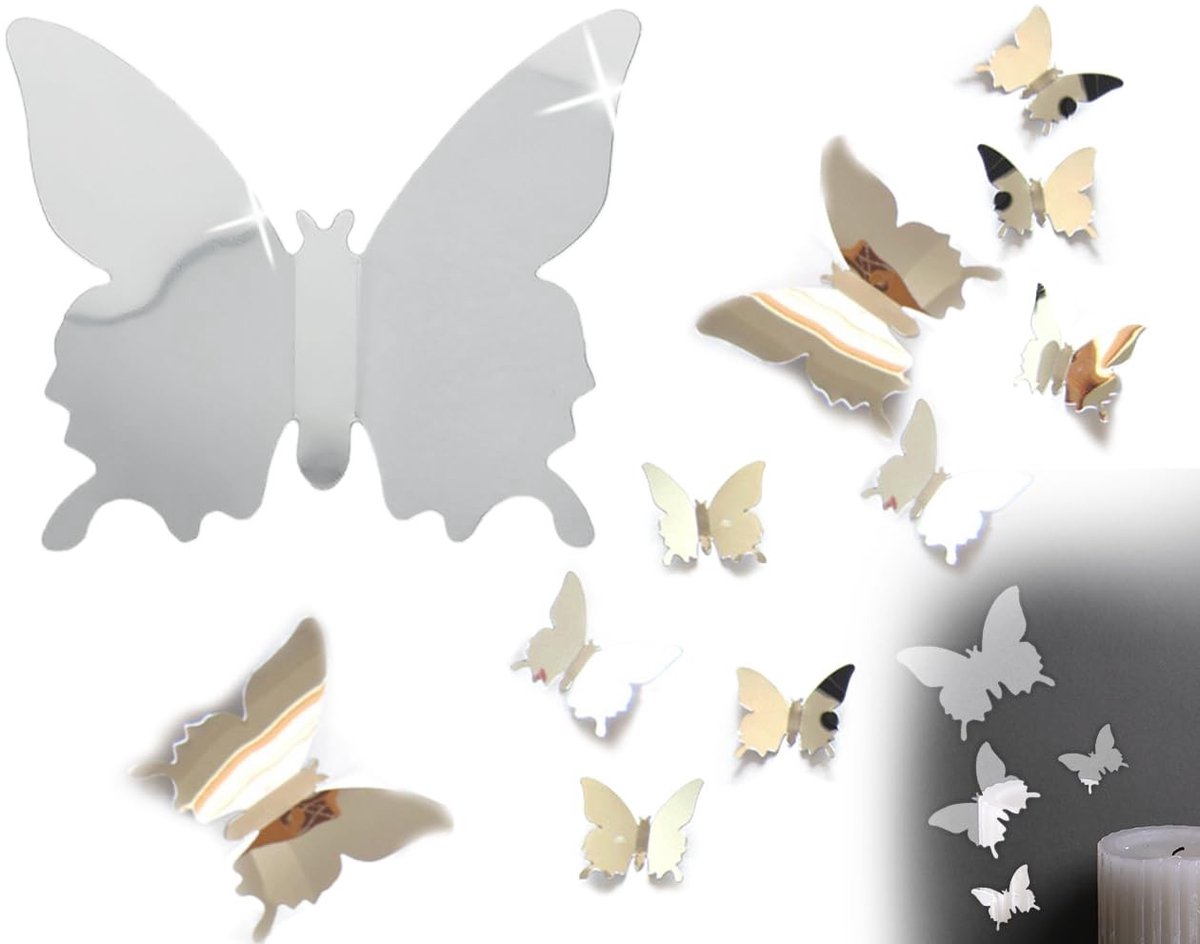 Dailygoods- Vlinderstickers 36-delig - Zilveren Spiegel - Muurdecoratie - Wanddecoratie -