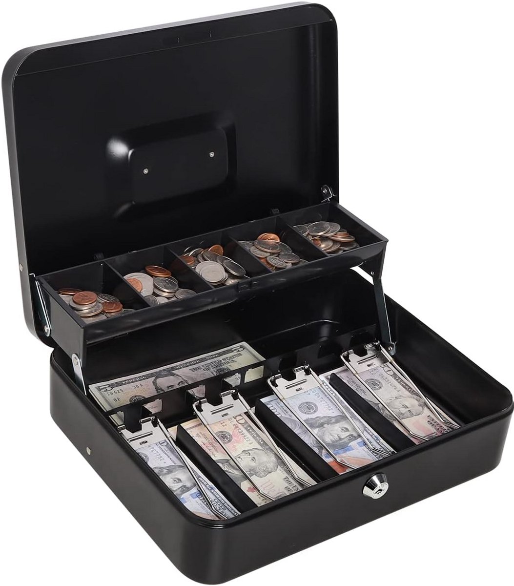 Metalen Geldkist - Spaarpot met slot - Geld Opslag - Vrijdragende lade - 30x24x9 cm - Zwart