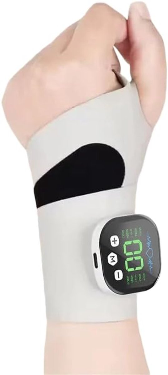 Oplaadbare, verstelbare elektrische polsmassager, ergonomische 360°-ondersteuning, draagbaar, draadloos handverwarmingskussen met 8 standen en 30 intensiteitsniveaus voor verlichting van handpijn, magnetisch afneembaar apparaat (wit)