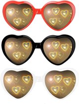 Hartvormige Bril - 3D Effect Bril - Feest Accessoire - Uniek Prism Effect - 3 Stuks - Zwart Wit Rood