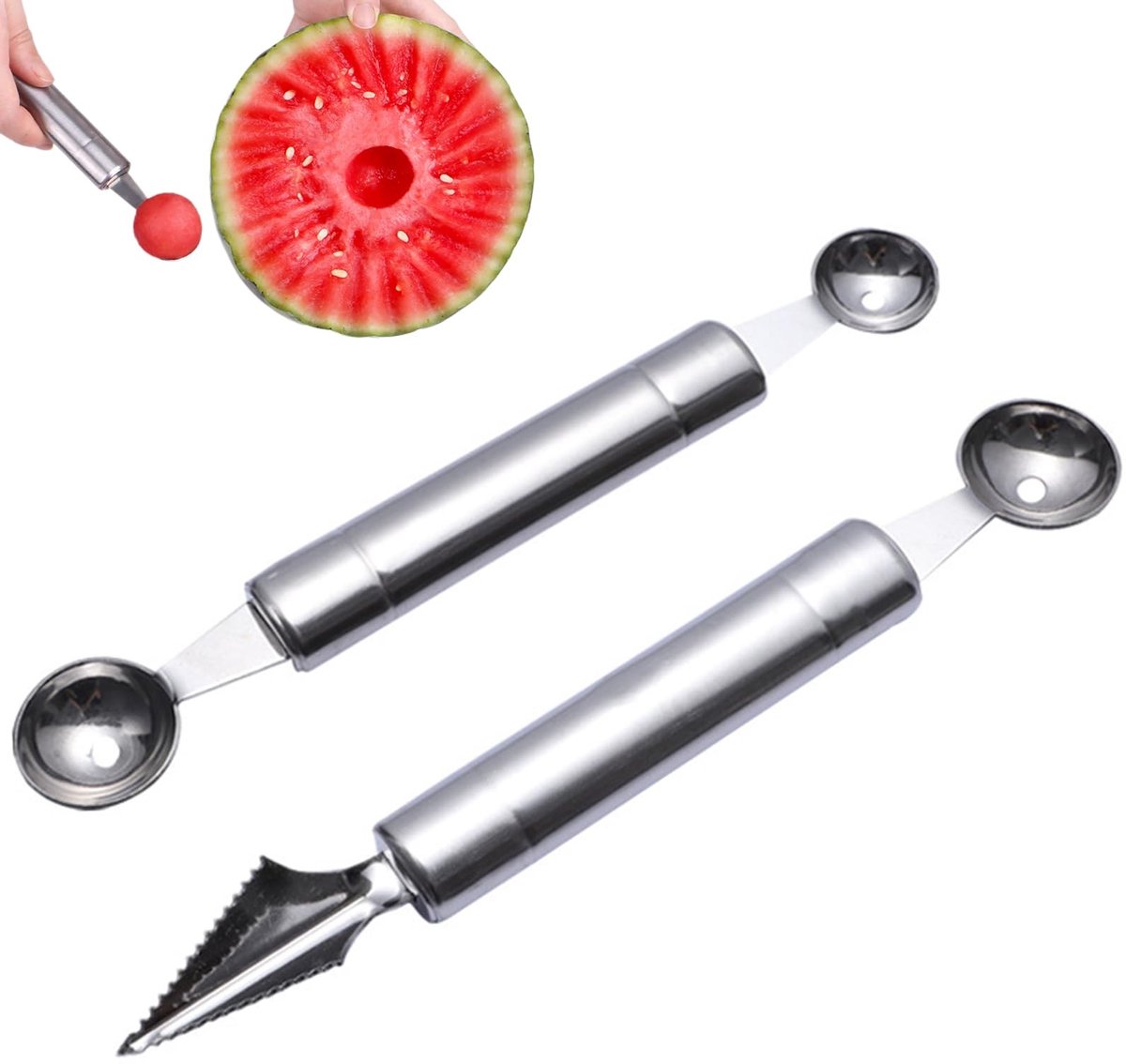 Dailygoods- Fruit Snijgereedschap 2-delig - Meloenlepel - Bal Snijder - Dubbel Doel voor Salades - Roestvrij Stalen - Eenvoudig te Reinigen - Fruitballen