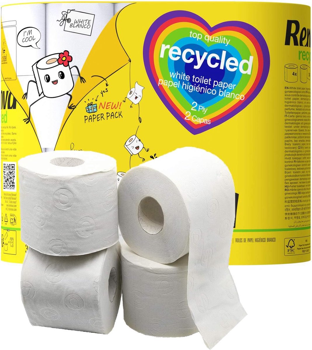 Toiletpapier - Gerecycled papier - Huishoudelijk gebruik - Verpakt in papier - 4 dubbele rollen - Wit