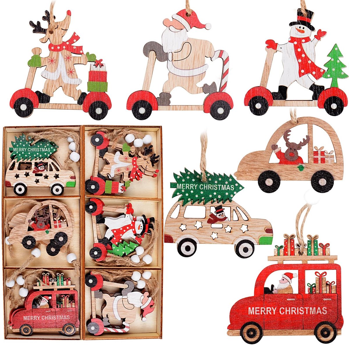 Dailygoods- Kerstdecoratie 18 Stuks - Houten Hangers - Kleurrijke Ornamenten - Kersthangers - Decoratie voor Kerstboom - Cadeau in Houten Kist - Kerstboomhangers