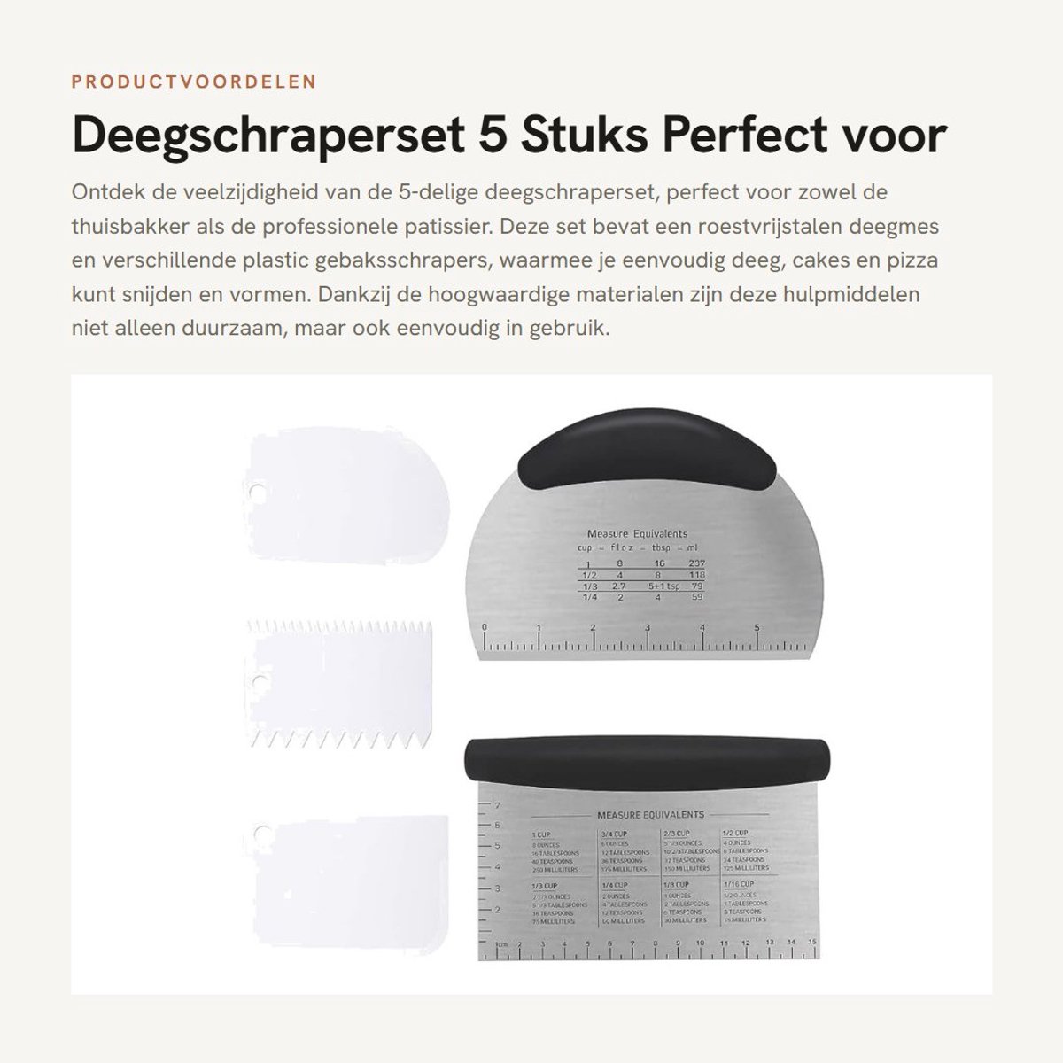Dailygoods- Deegschraperset 5 Stuks - Roestvrijstalen Deegschrapers - Plastic Gebaksschrapers - Ergonomische Antisliphandgreep - Voor Snijden van Deeg/Cakes/Pizza - Deegsnijder