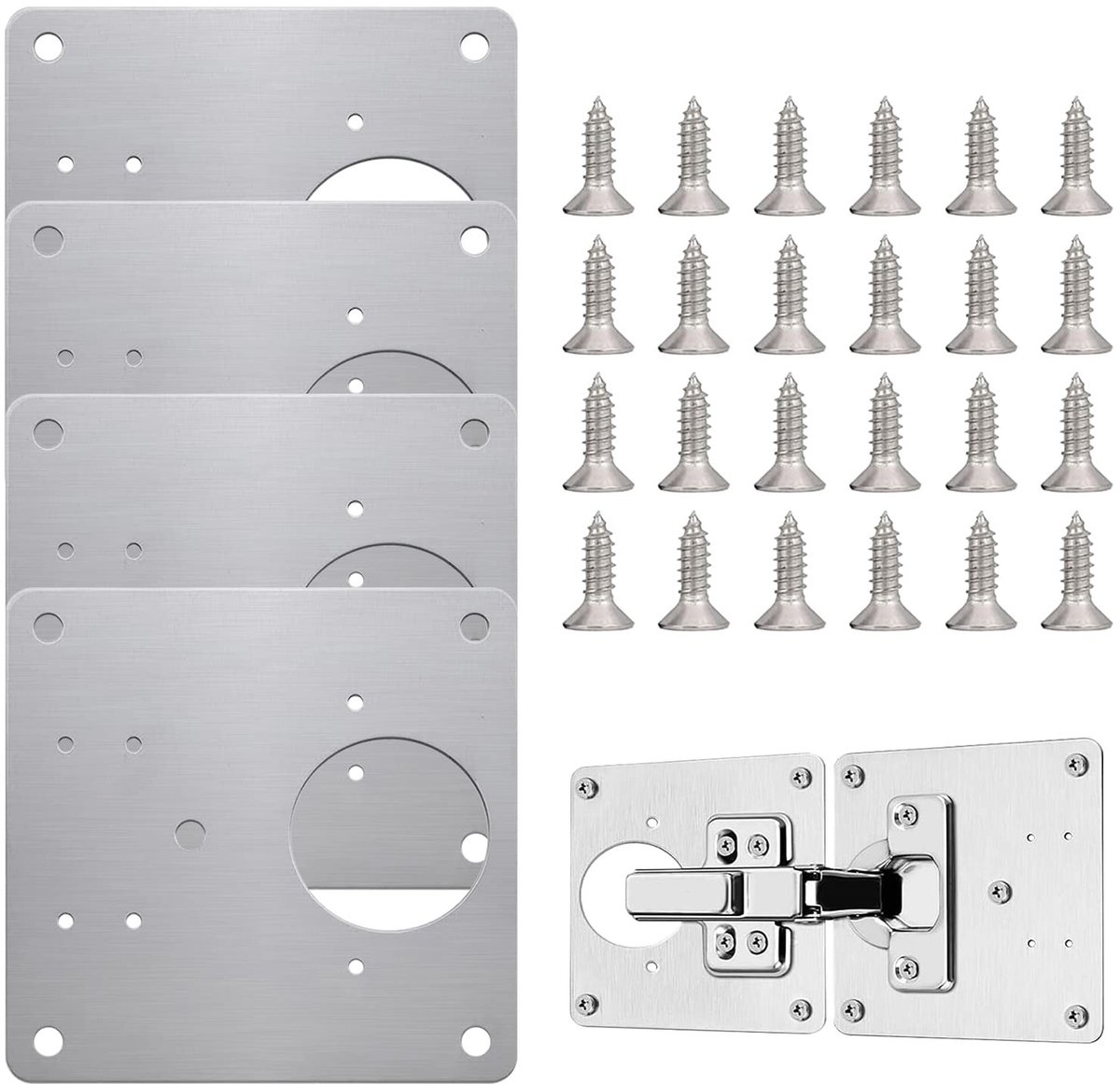 Dailygoods- Scharnier Reparatieplaat Roestvrij Staal - 4 Stuks - 9x9 cm - 1,5 mm Dikte - Inclusief 24 Schroeven - Eenvoudig te Installeren