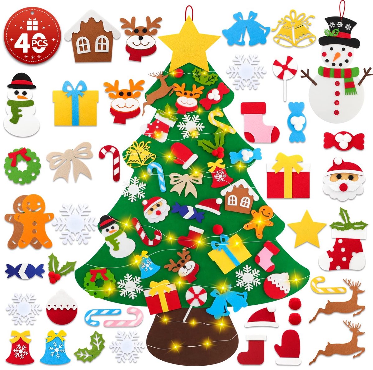 Dailygoods- Vilten Kerstboom 102cm - DIY Kerstboomset - 40 Afneembare Versieringen - Kinderset - Grappige Kerstdecoratie - Perfect voor Muur en Deur