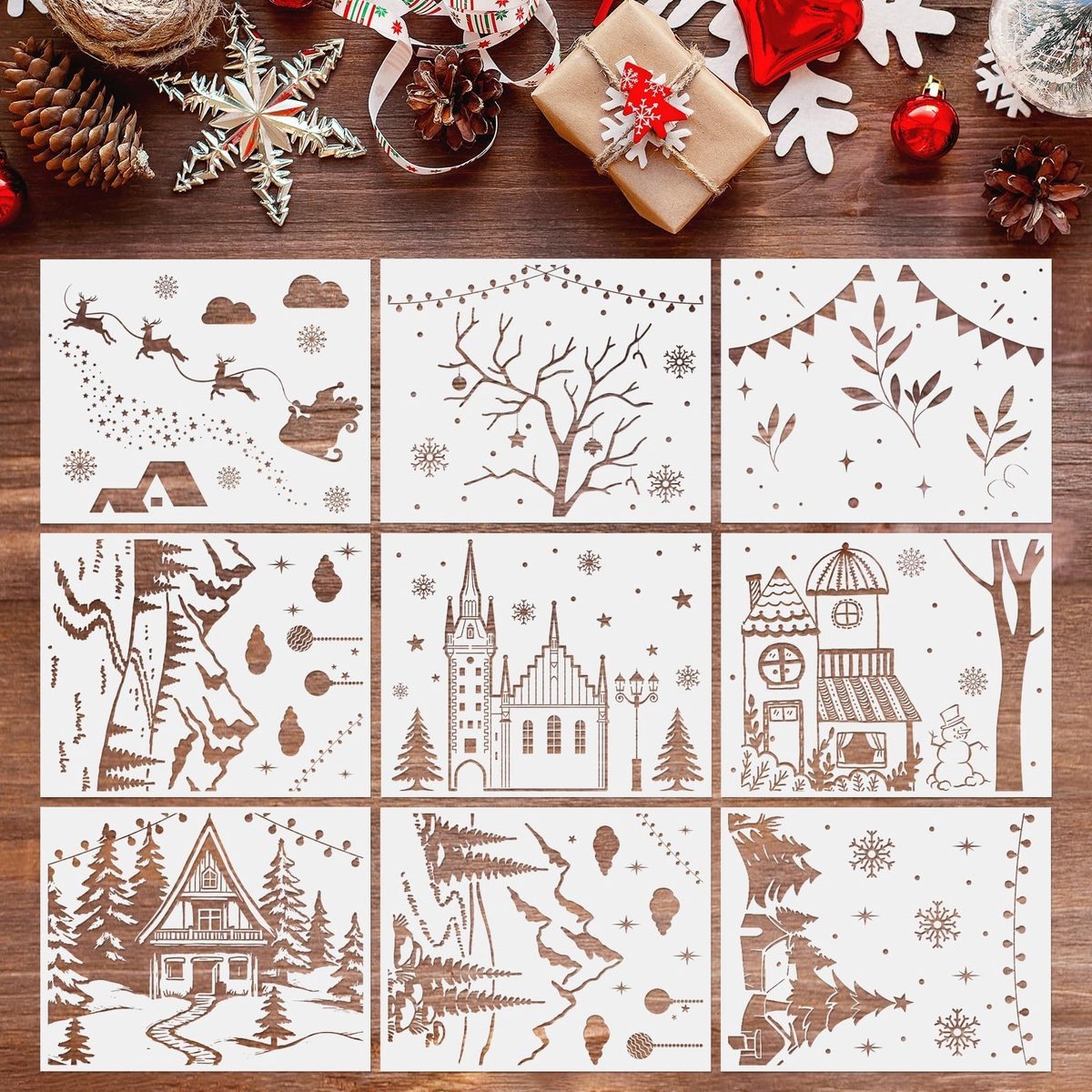 Dailygoods- Kerstsjablonen Groot Formaat - 9 Stuks - Duurzaam - Schildersjabloon - Raamdecoratie - Geschikt voor Glas en Spiegels - Decoratiesjablonen