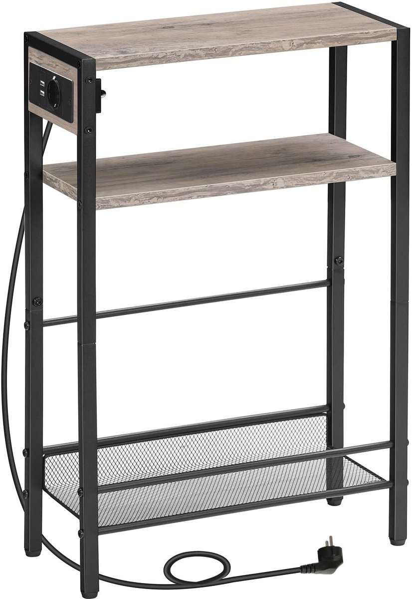 Dailygoods - Bijzettafel - Compacte opslag - Met stopcontact en USB-poorten - Grijs - Vintage stijl - Perfect voor kleine ruimtes - Geschikt voor woon...