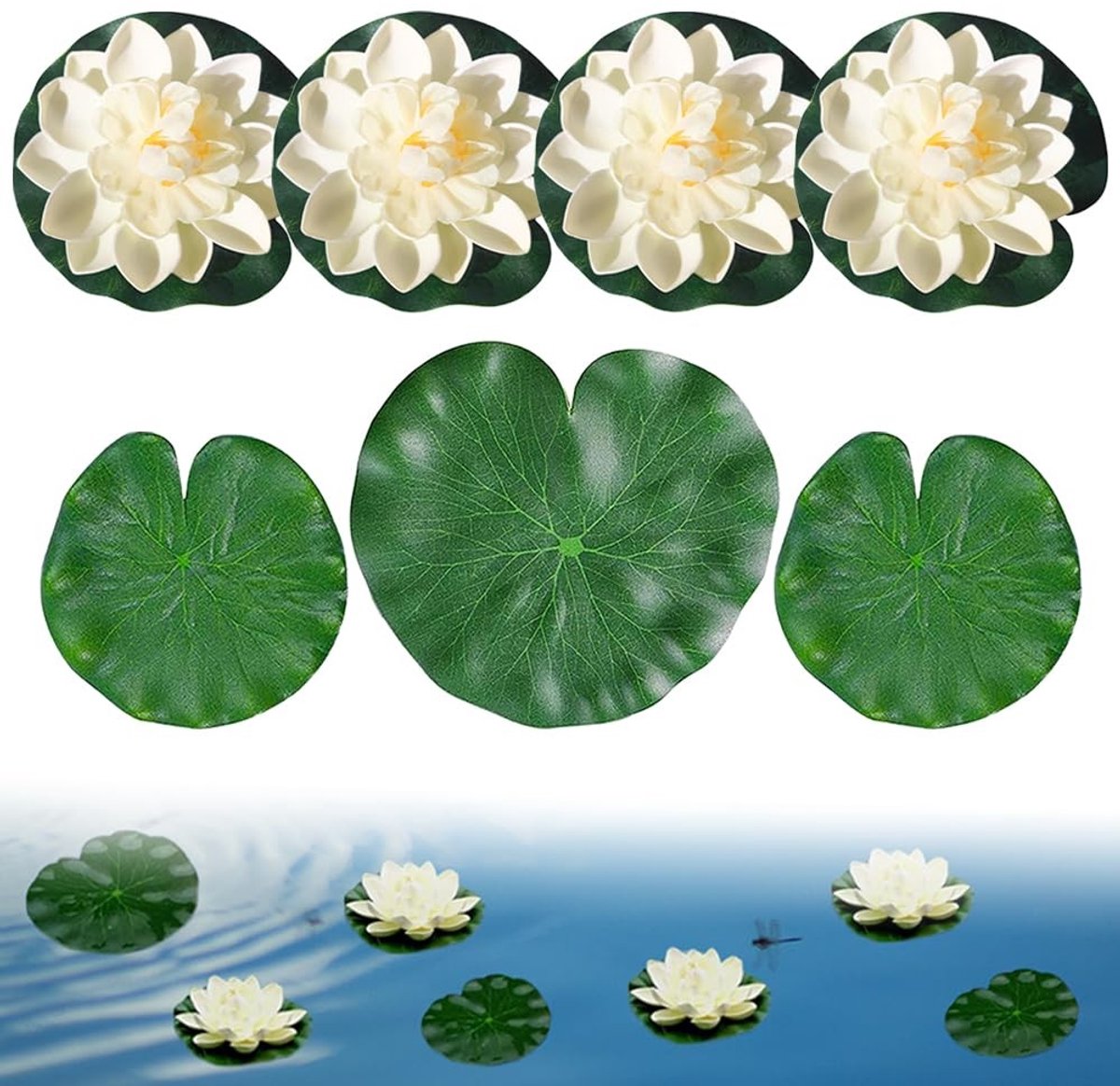Dailygoods- Lotusbloem Set van 7 Stuks - Kunstmatige Waterlelie - Drijvende Vijverplanten - Onderhoudsarm - EVA Materiaal - Realistische Bloemen en Bladeren - Waterlelies