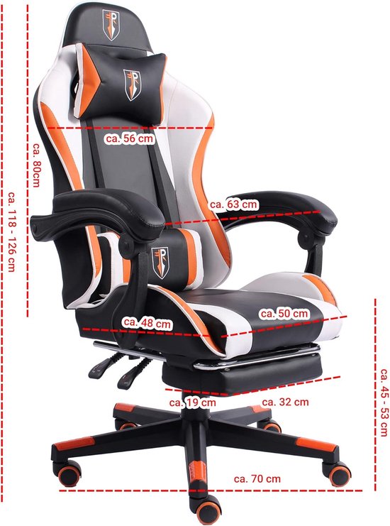 Ergonomische bureaustoel - Gamestoel lederlook - Comfortabel werken - Uittrekbare voetensteun - 126 cm hoog - Zwart wit oranje — afbeelding 5