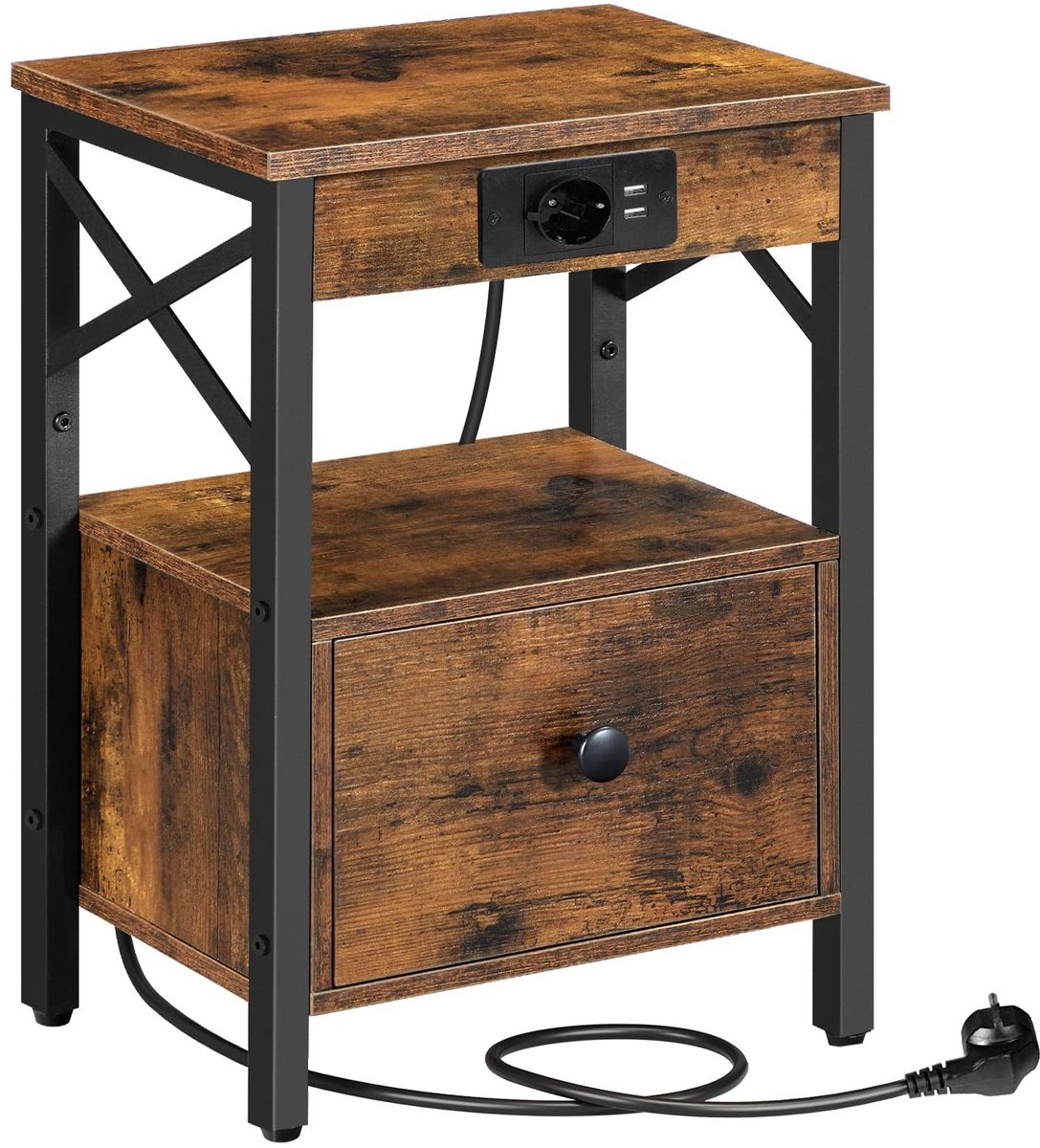 Dailygoods - Nachtkastje - Bijzettafel met oplaadstation - Compact ontwerp - Vintage bruin en zwart - USB-poorten en stopcontact - Geschikt voor slaap...