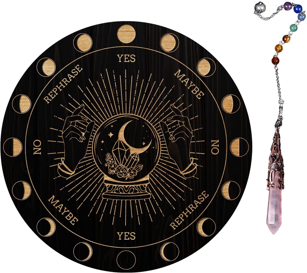 Dailygoods- Wichelroede Metafysisch Slingerbord - Houten Carven Board - Kristallen Slinger Ketting - Waarzeggerij Gereedschap - Spiritueel Inzicht - Waarzegbord