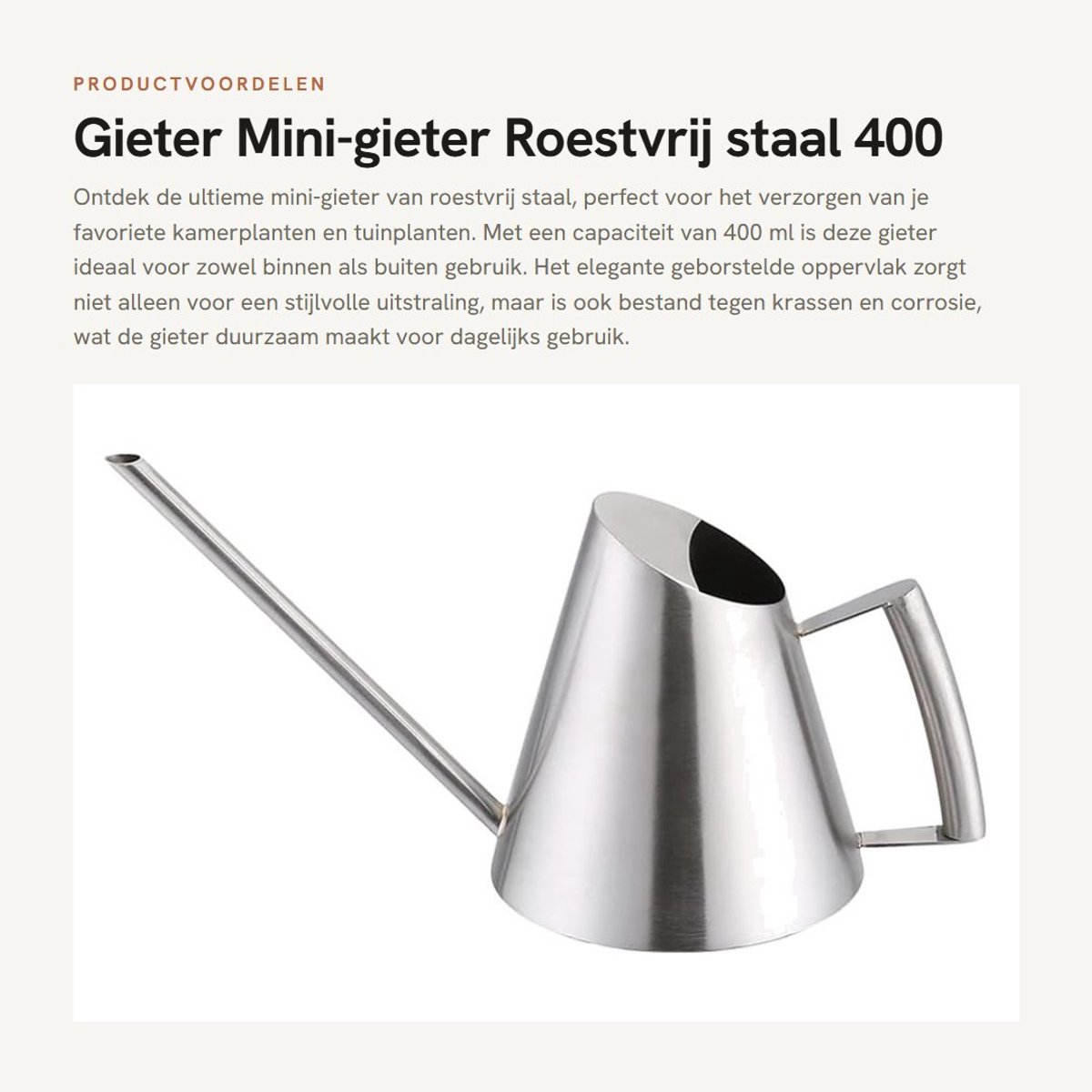 Dailygoods- Gieter 400 ml - Mini-gieter - Roestvrij staal - Binnen/Buiten - Potplanten - Handgepolijste afwerking - Plantenbewateringscan