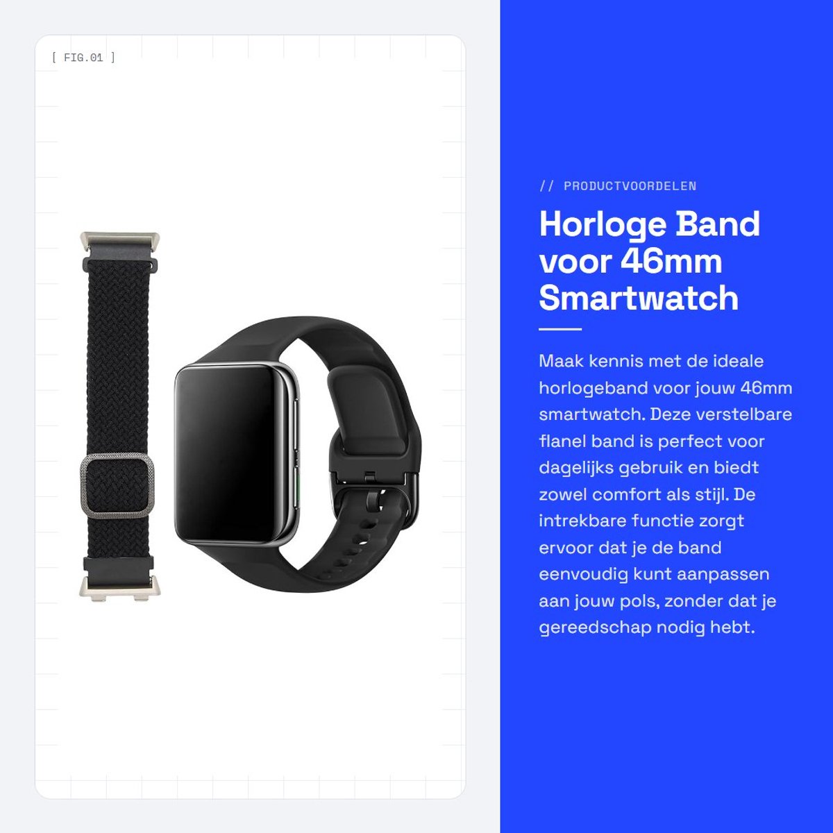 Dailygoods - Horloge Band voor 46mm Smartwatch - Verstelbare Flanel Band - Intrekbare Horlogeband - Zwart - Comfortabele en Eenvoudige Installatie - G...