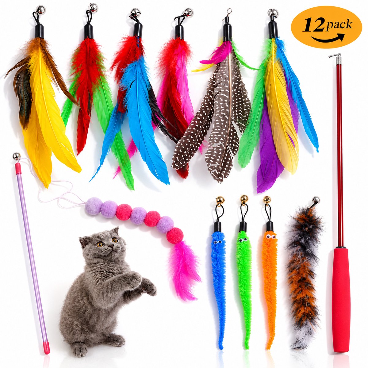 Twenty4seven® Kattenhengel Set - 12-Delig - Kattenspeeltjes met Veer - Kattenspeelgoed - Interactief & Intelligentie - Speelgoed voor Katten & Kittens