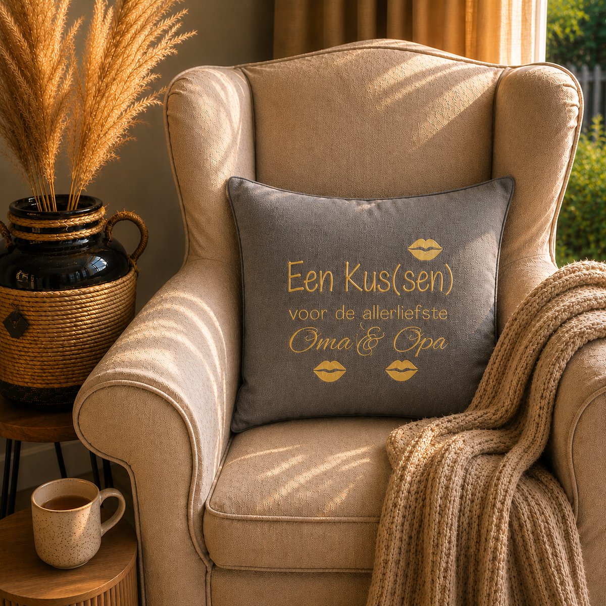 Kussenhoes met tekst cadeau | een kussen voor de allerliefste opa en oma | grijs opdruk goud 50x50cm | moederdag vaderdag
