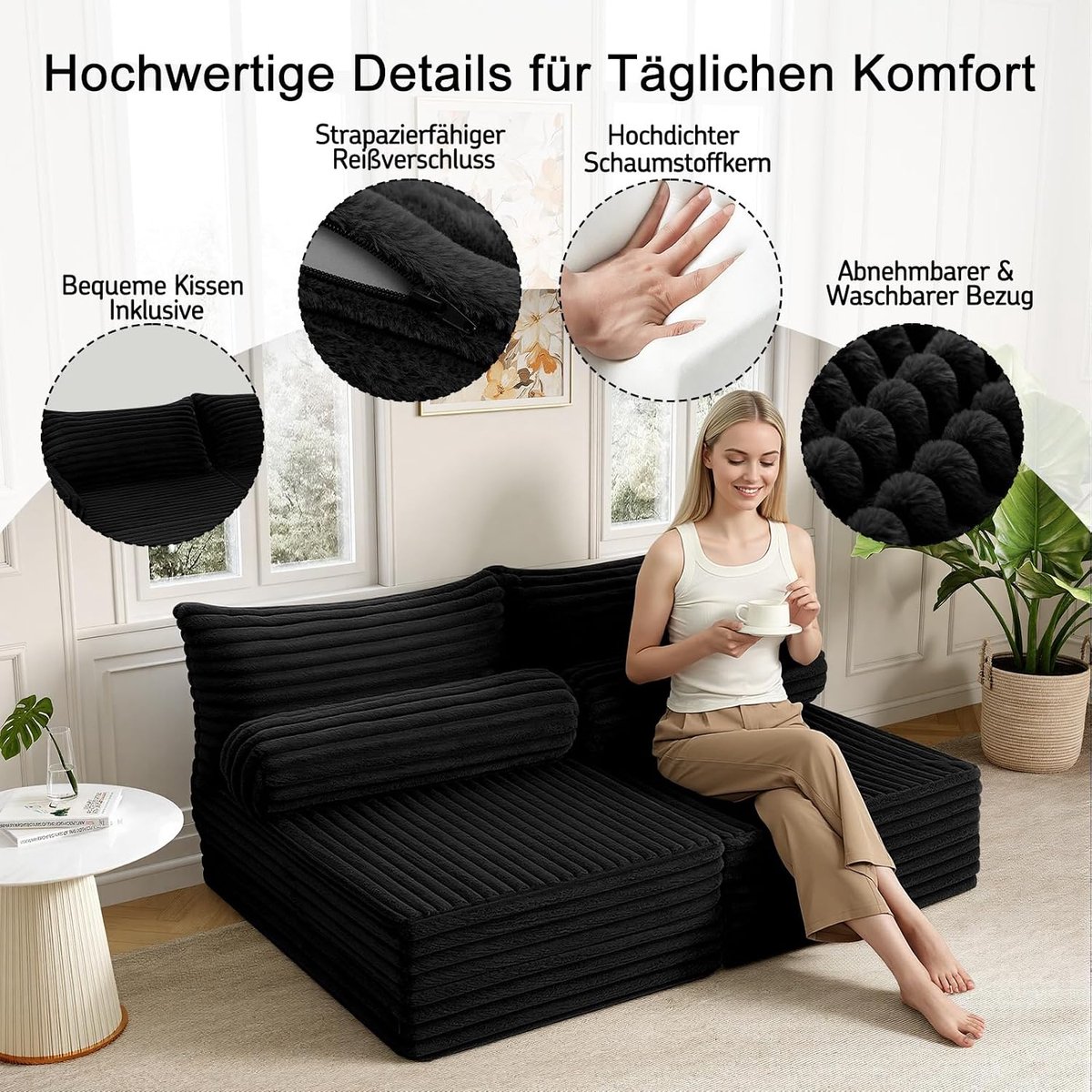Vloerbank 2-zits Uitklapbaar Slaapbed 203 x 76 x 30 cm - Opvouwbare Loungesofa met 2 Kussens - Zwart - Mobili Bella