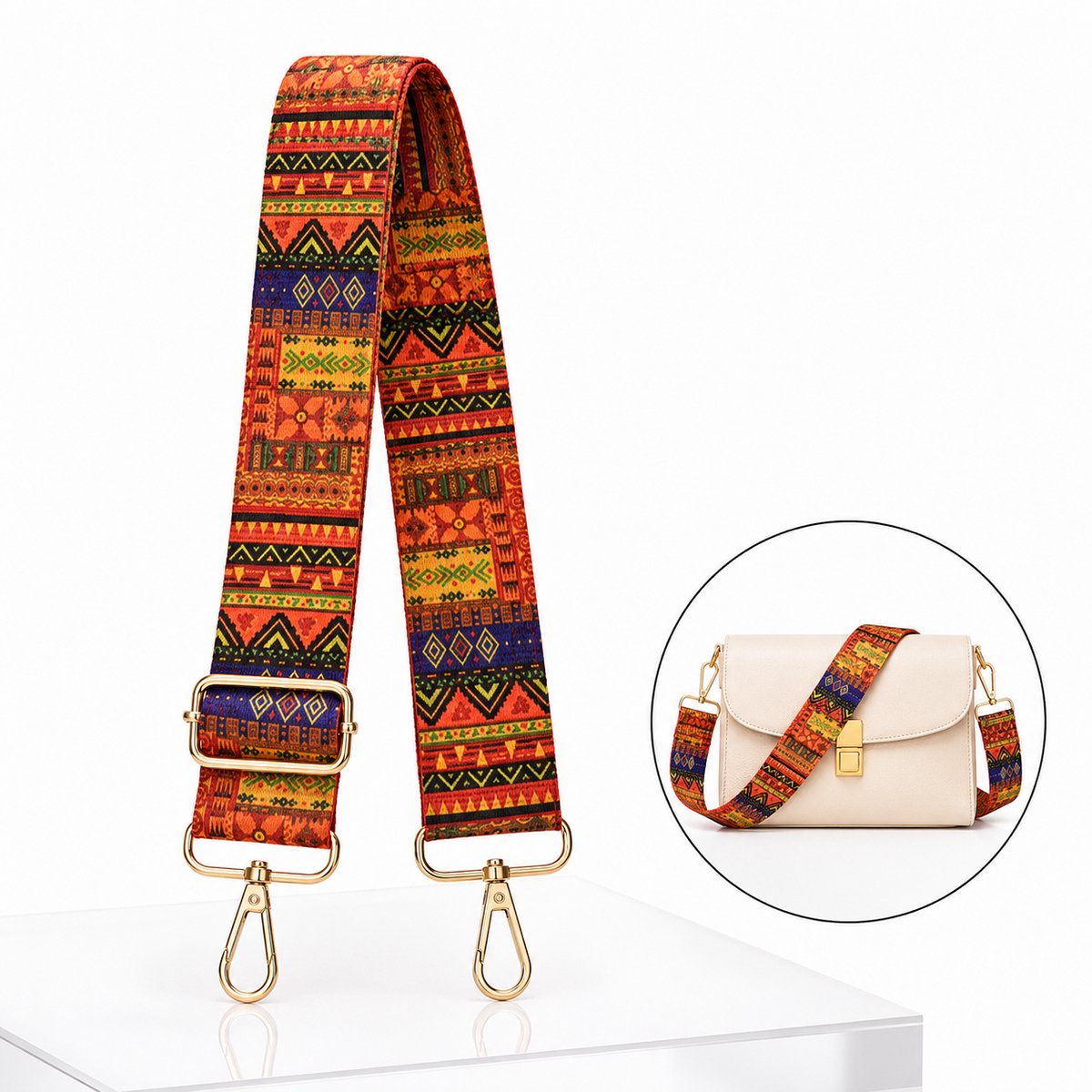 Luxamore® Bag Strap Dames – Brede Verstelbare Tassenriem – Kleurrijk Bohemian Patroon – Goudkleurige Metalen Gespen – Schouderriem voor Handtas, Crossbodytas en Festivals