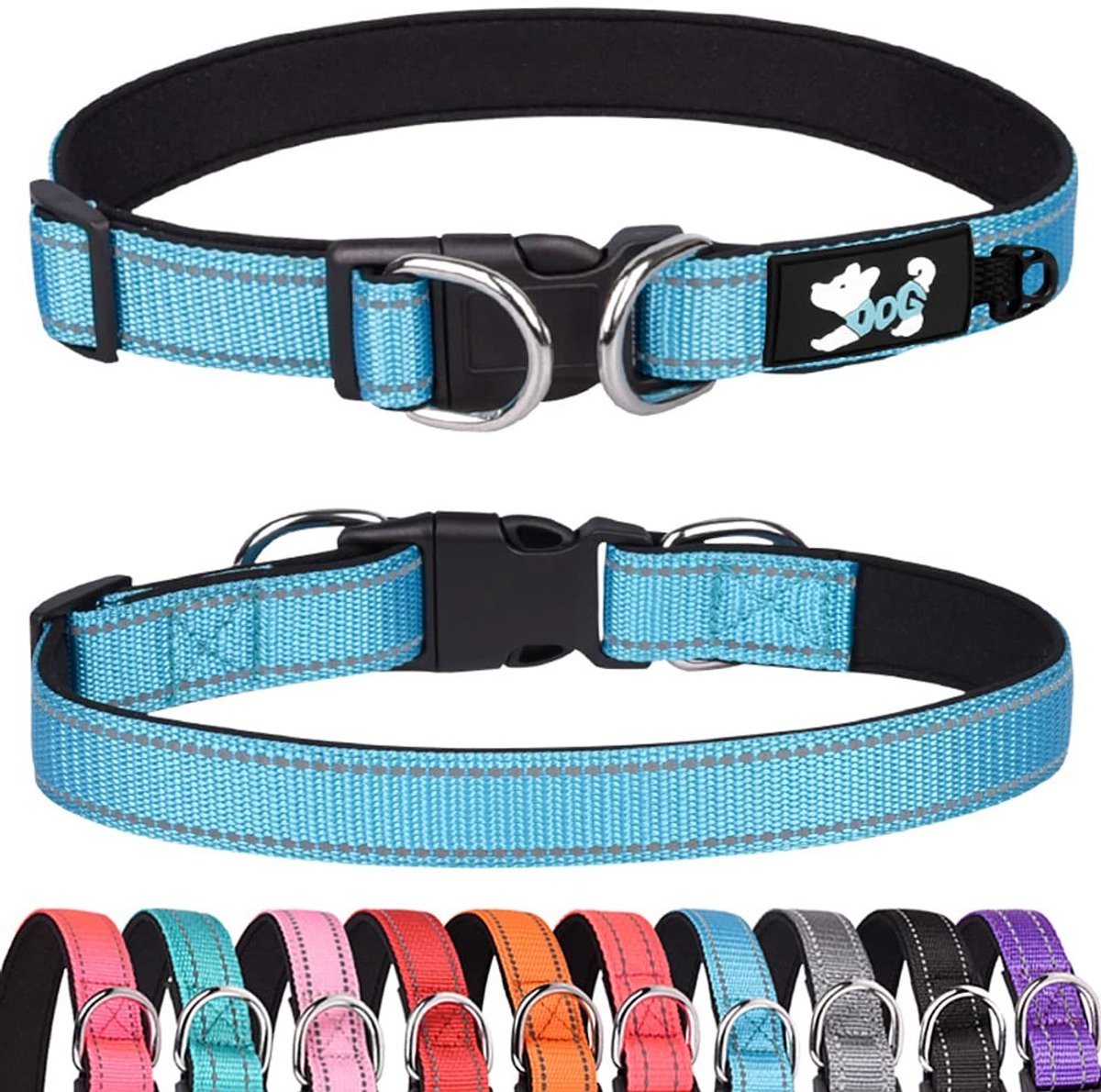 SnelShoppen - Padded Reflecterende Hondenhalsbanden voor Kleine, Medium en Grote Honden - Comfortabele, Zachte Neopreen Verstelbare Basis Halsband (L,