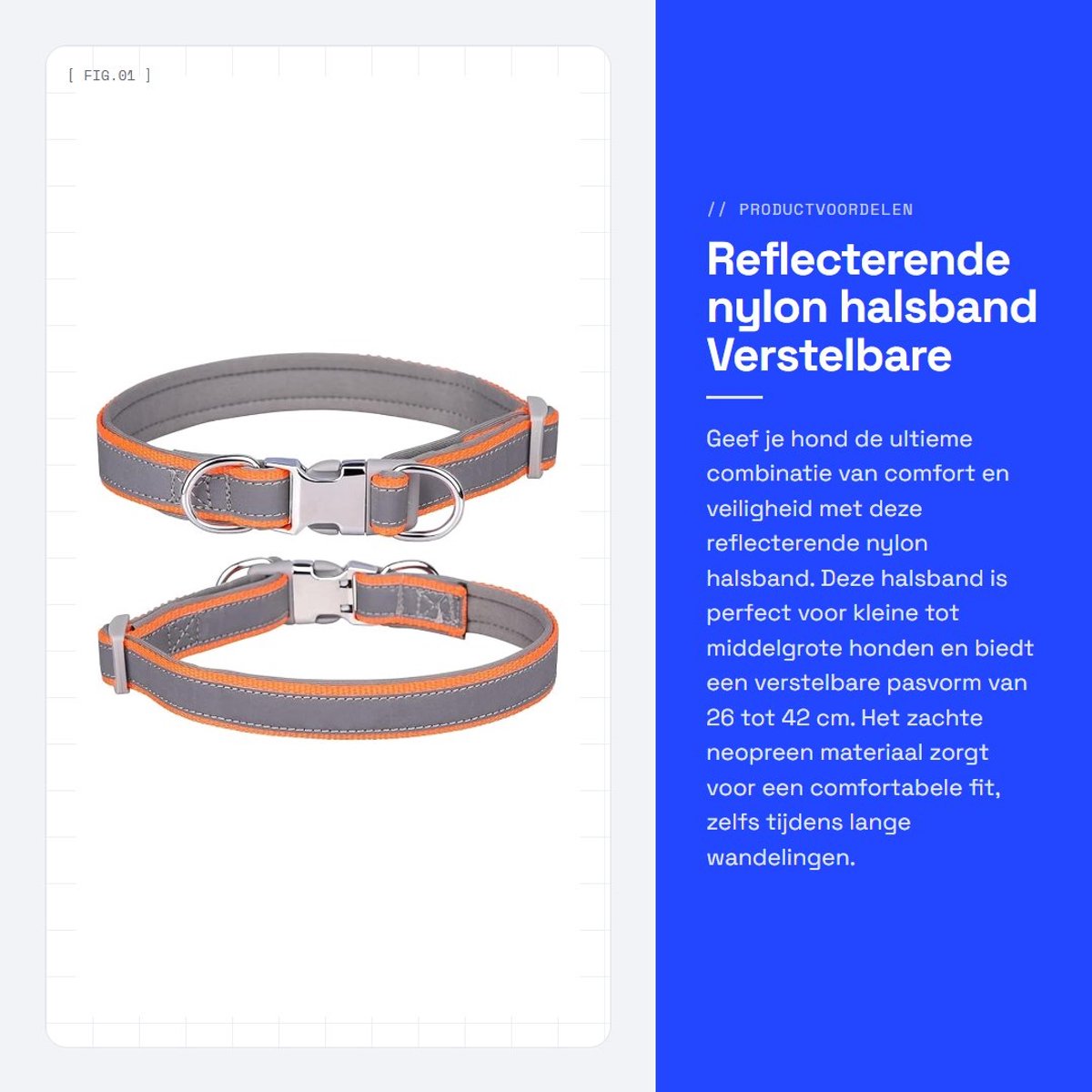 Dailygoods- Halsband Reflecterend - Verstelbaar - Hondenhalsband - Zacht Neopreen - Roestvrij Staal - Geschikt voor kleine/medium/grote honden (hals 26-42cm)