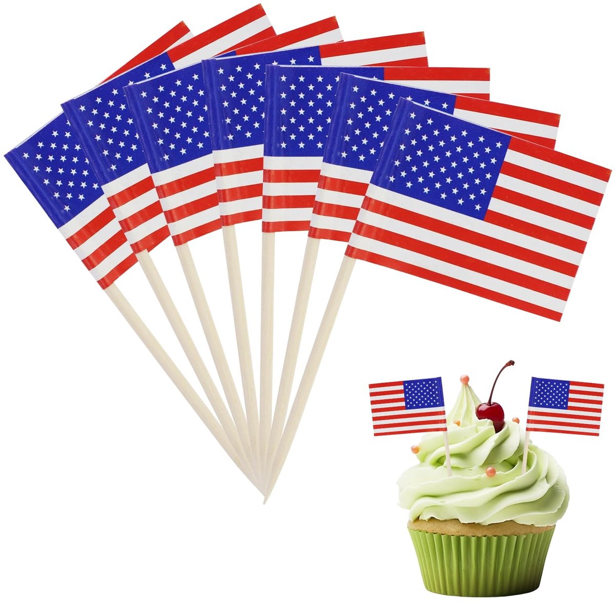 Dailygoods- Tandenstokers 120 stuks - Amerikaanse Vlaggen - Decoratie voor Feesten - Cupcake-Toppers - Eten en Fruit - Eenvoudig te Gebruiken - Vlaggenprikkers