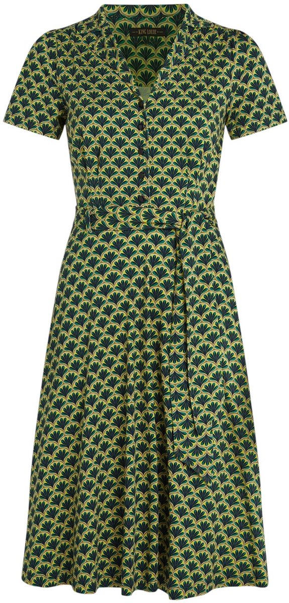 Dailygoods- Damesjurk Retro Charme - Korte Mouwen - Reverskraag - Grafische Print - Midi-Lengte - Zachte Jersey-Stof - Jurk