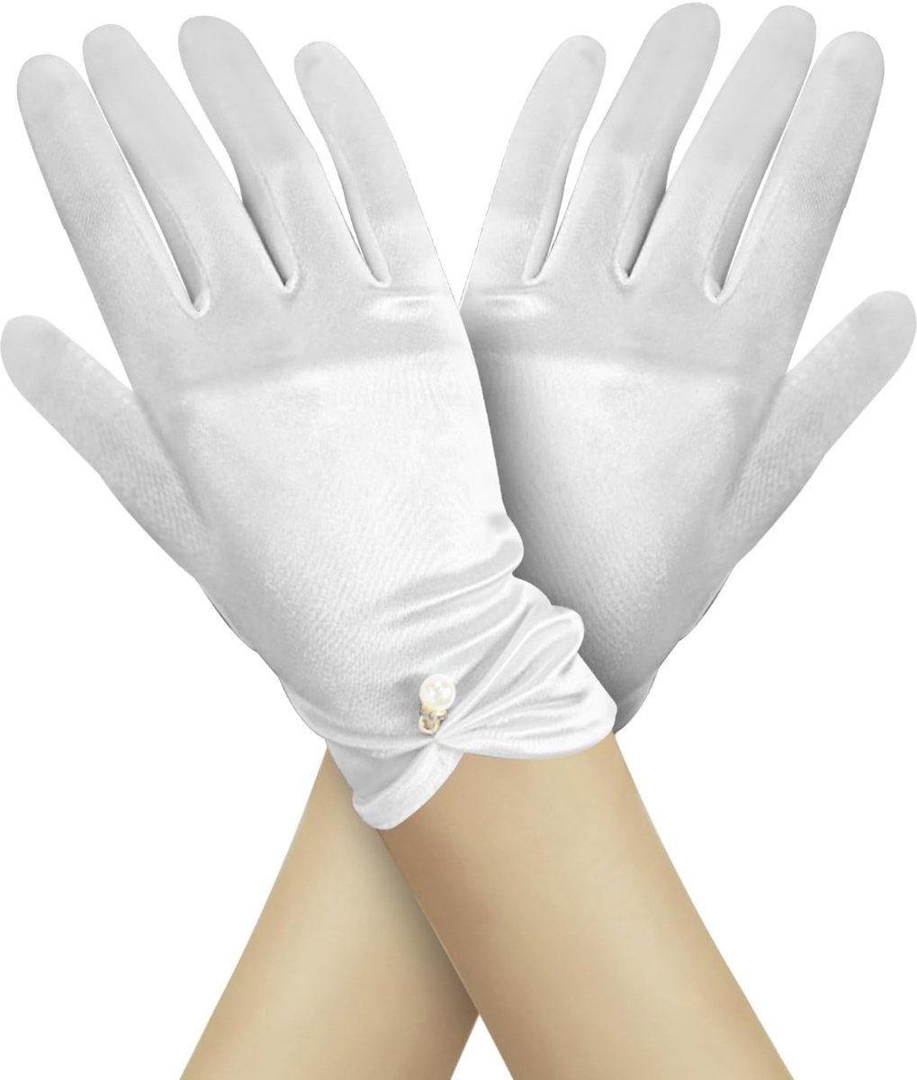 Dailygoods- Bruidshandschoenen Satijn - Parelonderzoek - Korte Elastische Handschoenen - Wit/Roze/Champagne - Elegant Ontwerp - 22,5 cm Lengte - Feesthandschoenen