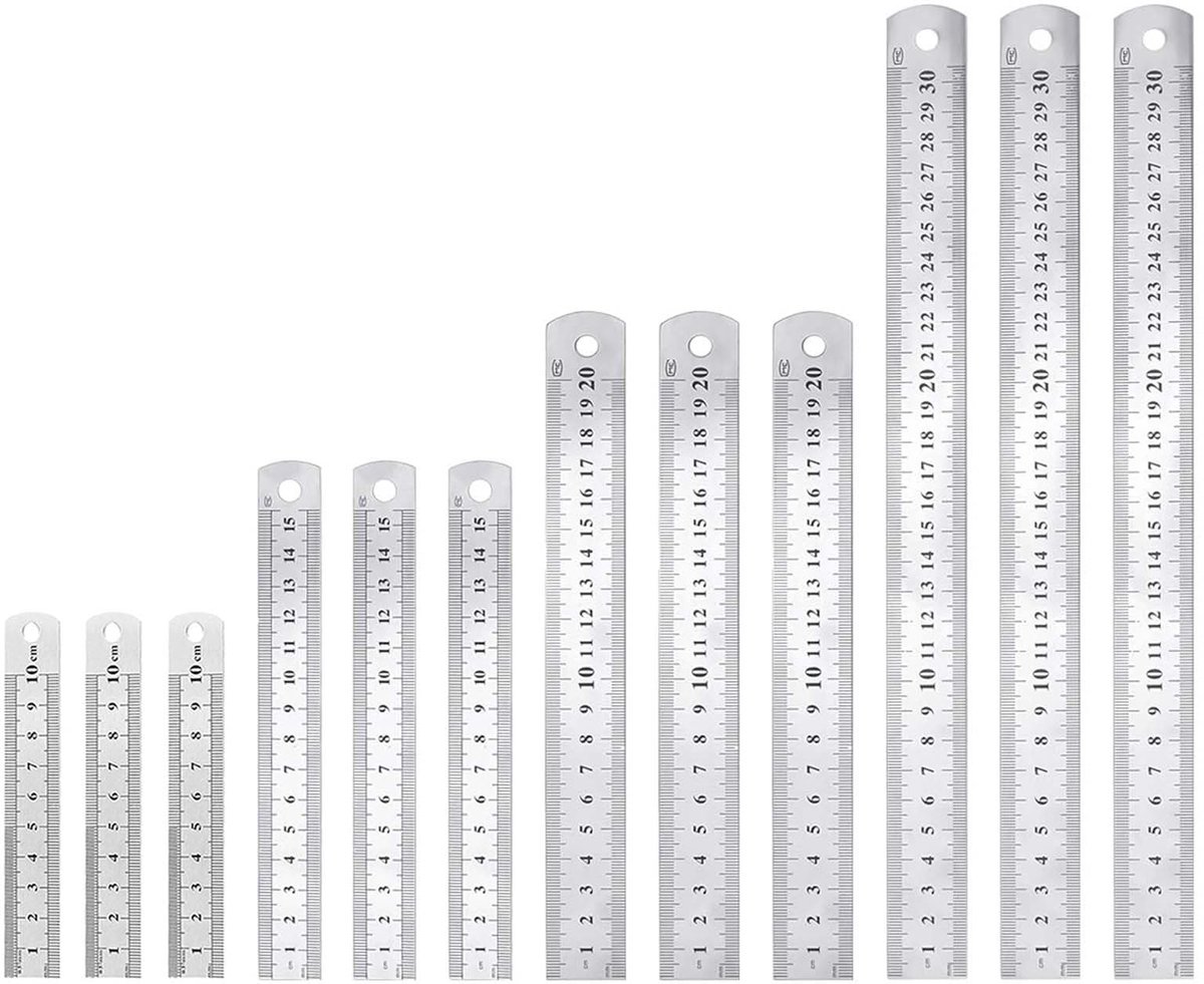 Dailygoods- Liniaal 12-delige Set - Roestvrij Staal - 10cm/15cm/20cm/30cm - Dubbelzijdige Schaal - Precisie Meetlat - Duurzaam en Corrosiebestendig