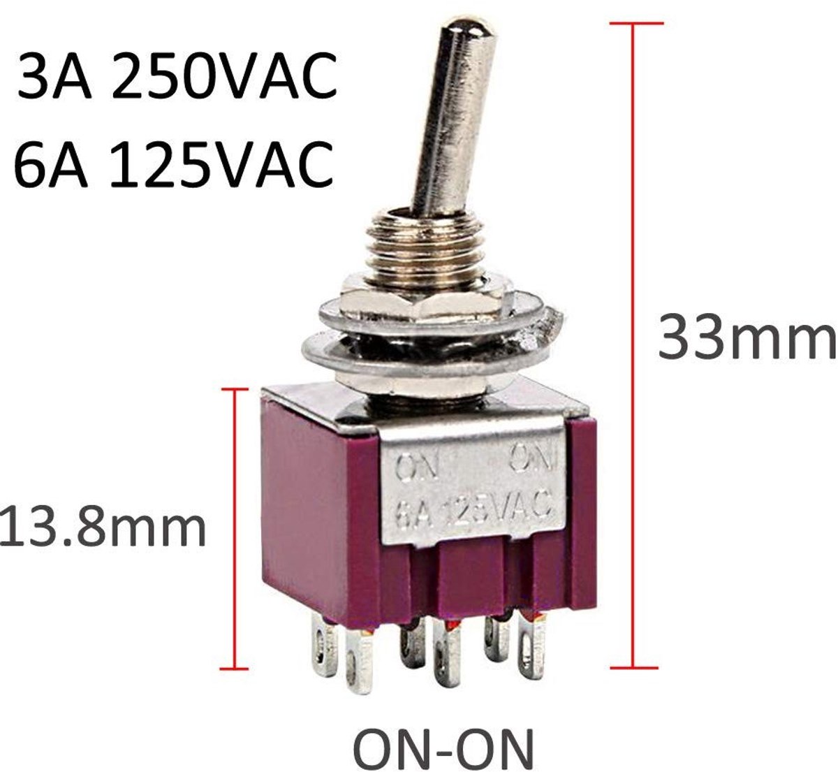 Dailygoods - Miniature Rocker Switch - ON/ON DPDT - 6 Pin - Panelmontage - Betrouwbaar en duurzaam - Geschikt voor elektrische toepassingen - Compact