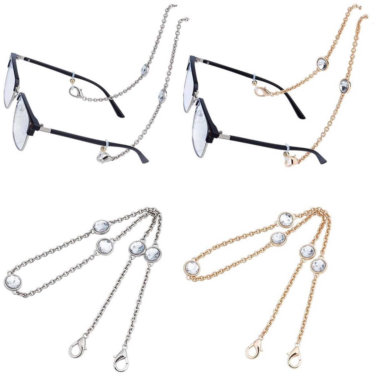 Dailygoods- Brillenketting stijlvolle decoratie - Brilhouder om de hals - Platina/goud - 2 stuks - Strassteentjes - Modieuze accessoires - Brilkoord