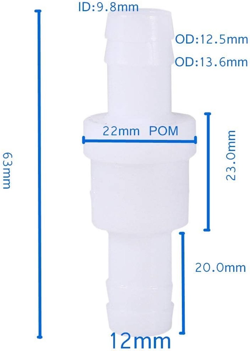 Dailygoods- Terugslagklep 12 mm - Kunststof - Inline Terugslagklep - Water/Benzine/Oliën - Unidirectioneel - Veilig en Niet Giftig - Klep