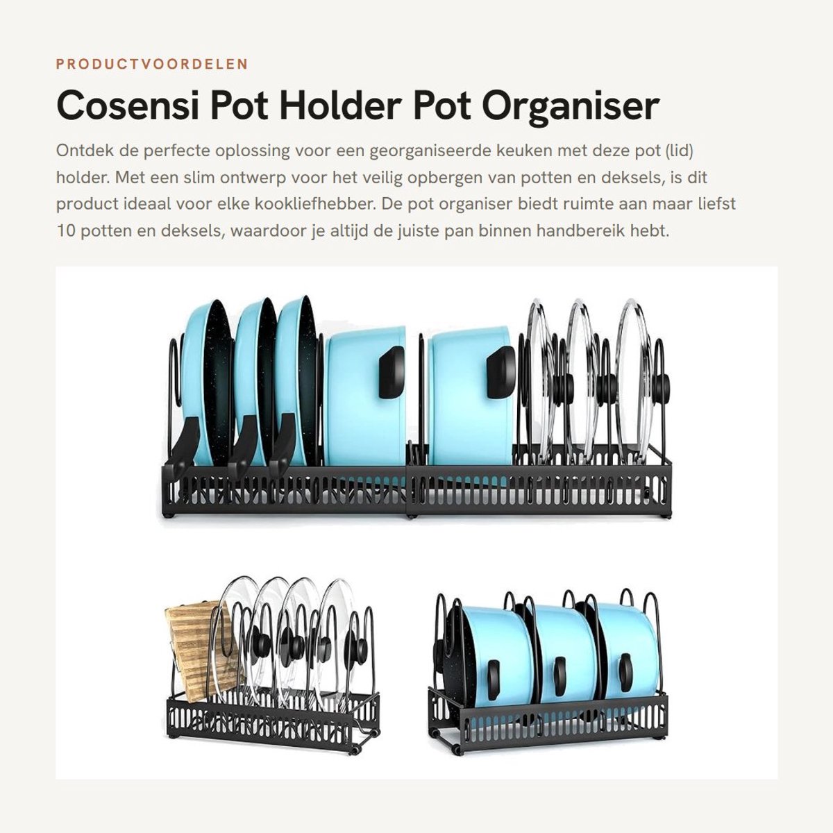 Dailygoods- Pothouder met 10 Potplaatsen - Dekselhouder - Keukenorganiser - Uittrekbare Steunen - Carbon Staal - 32.5 x 19.5 x 10 cm - Pannenhouder