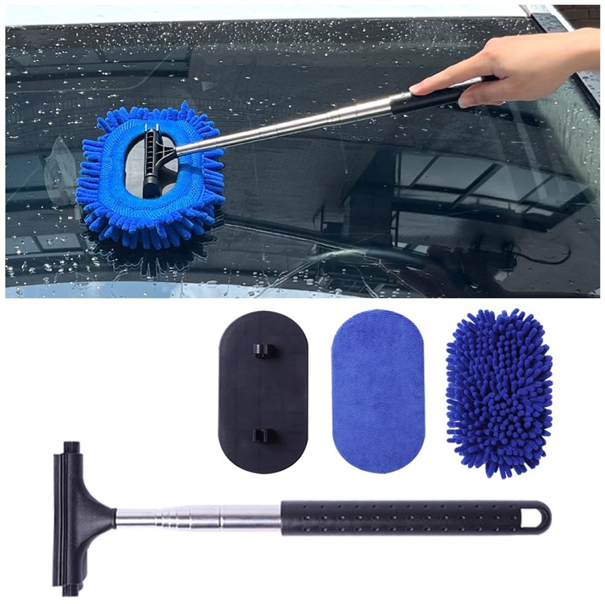 Dailygoods- Reinigingsgereedschap Draaibaar - Drie-in-één Glasreinigingsborstel - Microvezeldoek - Roestvrij Staal - Uitbreidbaar - 33 x 18 cm - Autoruitreiniger